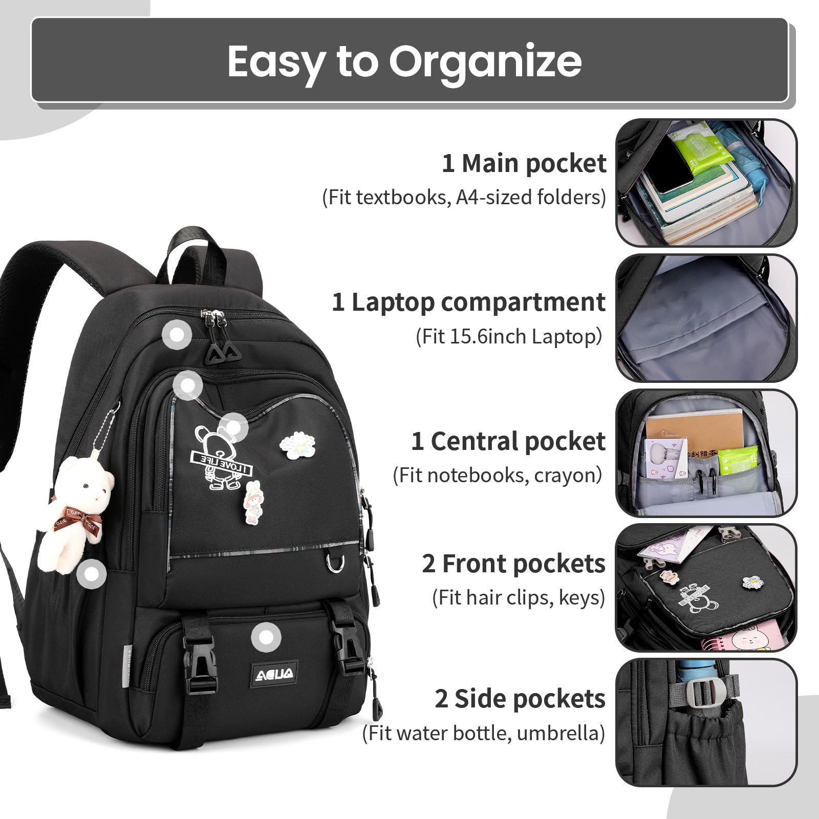 Amythe Zaino Ragazza Scuola Elementare Media Leggero Grande, Nero | Zaino Scuola Media Ragazza Idrorepellente, Zaini Porta pc Borsa Casual Adolescenti, Adatto al Trolley, Ritorno / Viaggio