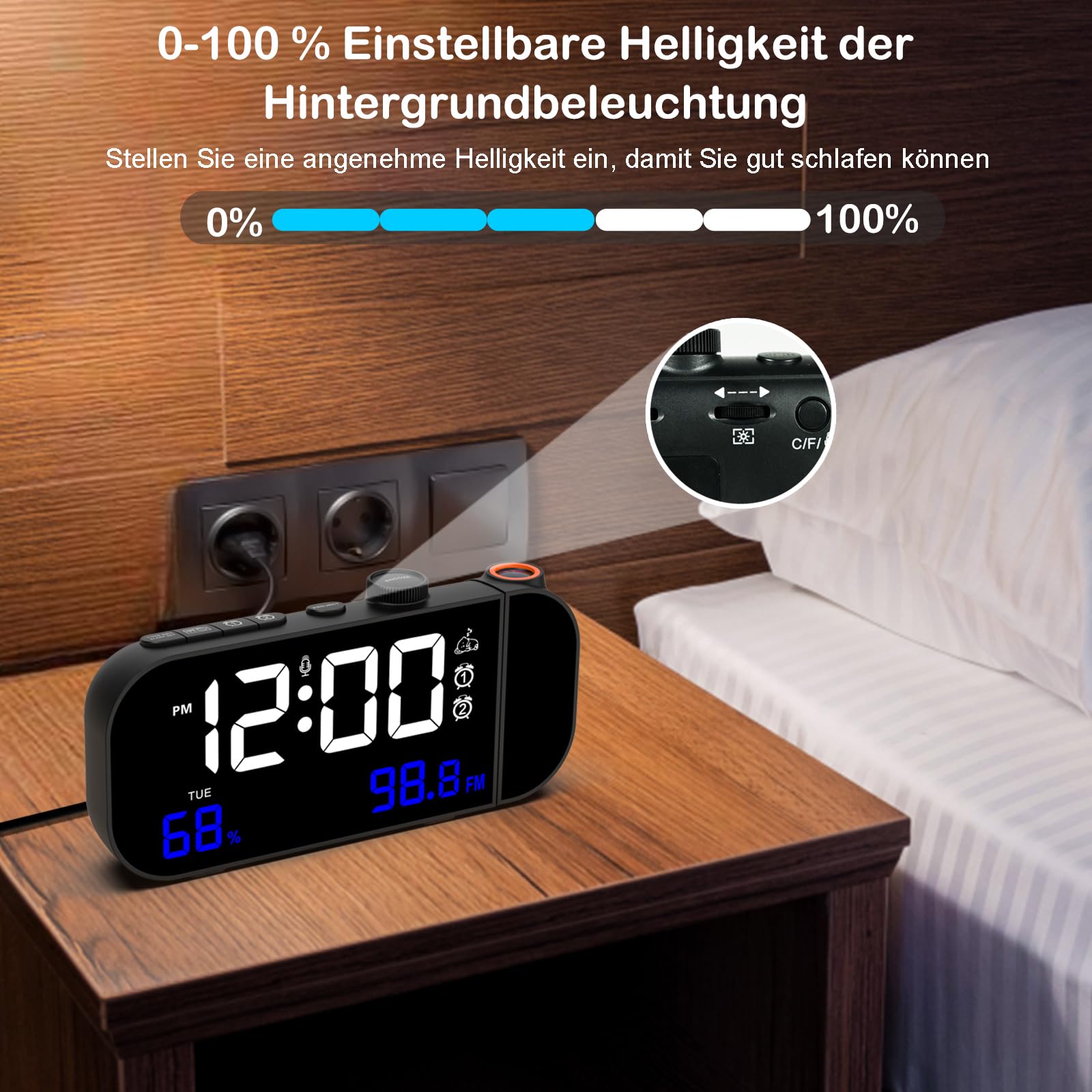 Sensore Temperatura Wireless Radiosveglia Con Proiettore 180° Dimmer 0-100% Radio FM Con Timer Spegnimento 5 Suoni 3 Volumi Con Porta Di Ricarica USB Previsioni Meteo 12-24 Ore - 11