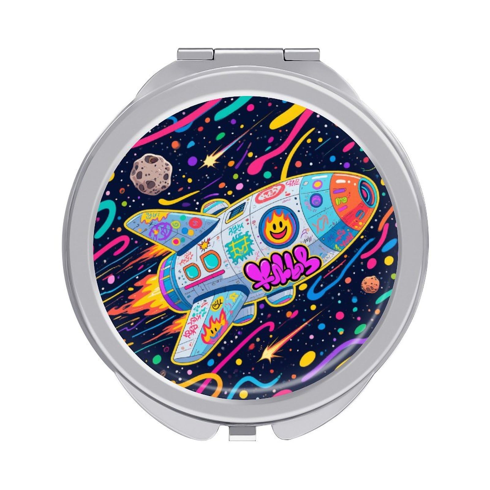 Fekiloot Style Graffiti Spaceship Travel Makeup Mirror Handheld Compact Mirror Portable Pocket Mirror Double-Sided 1X/2X Magnifying For Handbag And Purses