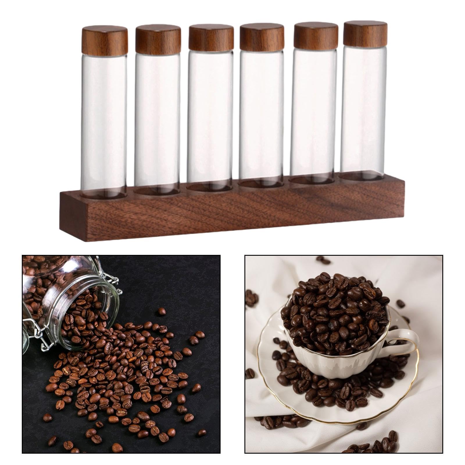 Reagenzglas Set Aus Glas, Aufbewahrungsröhrchen für Einzeldosis Kaffeebohnen mit Deckel, Präsentationsständer Aus Holz, Kaffeekeller für Die Speisekam