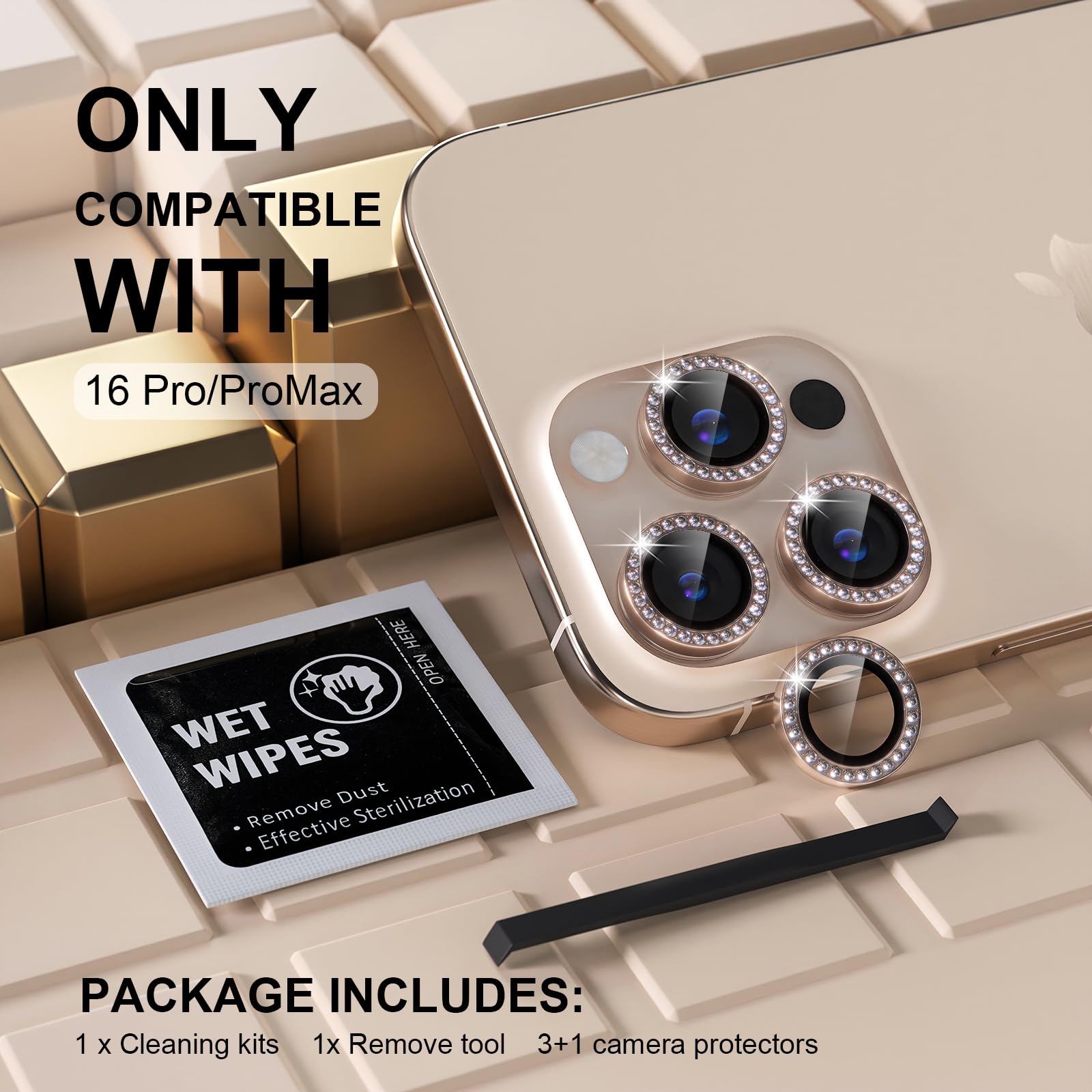 Misea Protector de lente de cámara compatible con iPhone 16 Pro/iPhone 16 Pro Max, protector de pantalla de vidrio templado 9H, accesorios de anillo individual de metal, diamante de titanio desierto