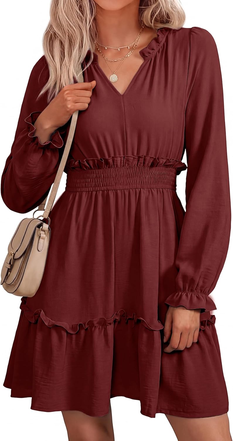 BerryGo Womens Long Sleeve Mini Dress Casual Ruffle Fashion V Neck High Waist A Line Flowy Boho Short Spring Dresses