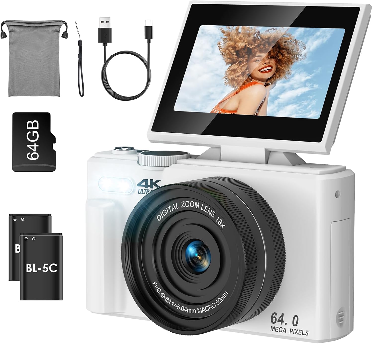 Digital Camera 4K Digital Camera, 64 Million Pixels, 18x Digital Zoom, 180 Degree Rotation, 3.0 Inch Display, Autofocus, Continuous Shooting, Close Shooting, Selfie Screen, 64 GB SD Card Included, 2 x