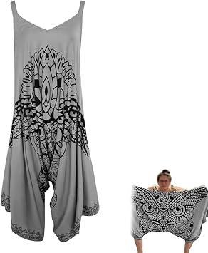 Owl Romper for Women, Owl Jumper Romper Dress, Summer Owl Romper with Pockets, Owl Face Jumpsuit for Women Dressy Grey