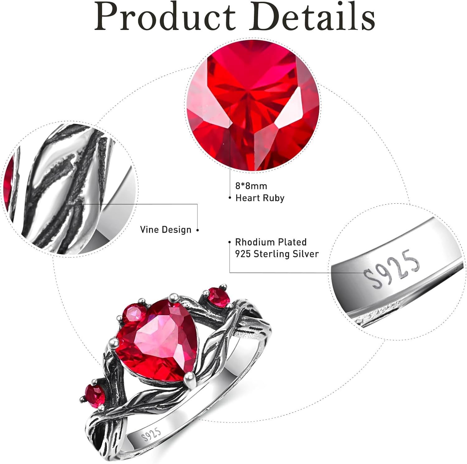 Silver Ring for Women Heart Cut Emerald/Moss Agate/Red Ruby Engagement Wedding Band Birthstone Jewelry Ring Gift for Love Mother Wife Bride Size 5-9 - Image 6