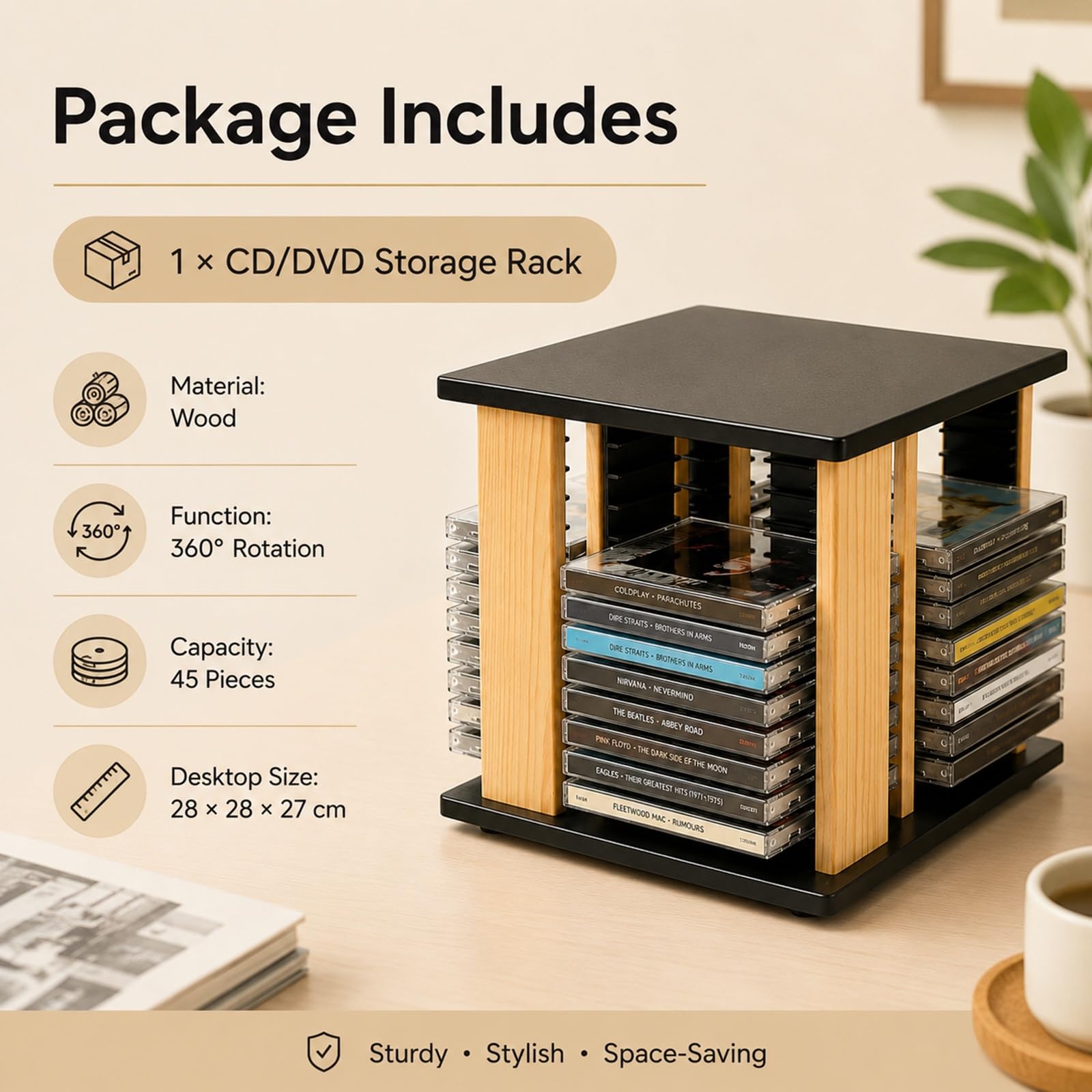 Porta CD e DVD da Scrivania Girevole a 360 Gradi in Legno for Multimedia | Contiene 45 Custodie Standard con Design Salvaspazio da Tavolo for Collezioni di Videogiochi e Film in DVD