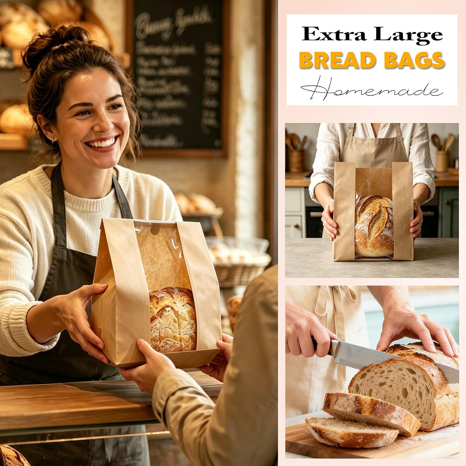50 Pack Extra Large Paper Bread Bags 15.8 x 10.2 x 5.1 in XL Sourdough Bags for Homemade Bread with Window and Sticker for Rustic Loaf, Artisan Baked Goods, Oval Boule, Storage & Packaging