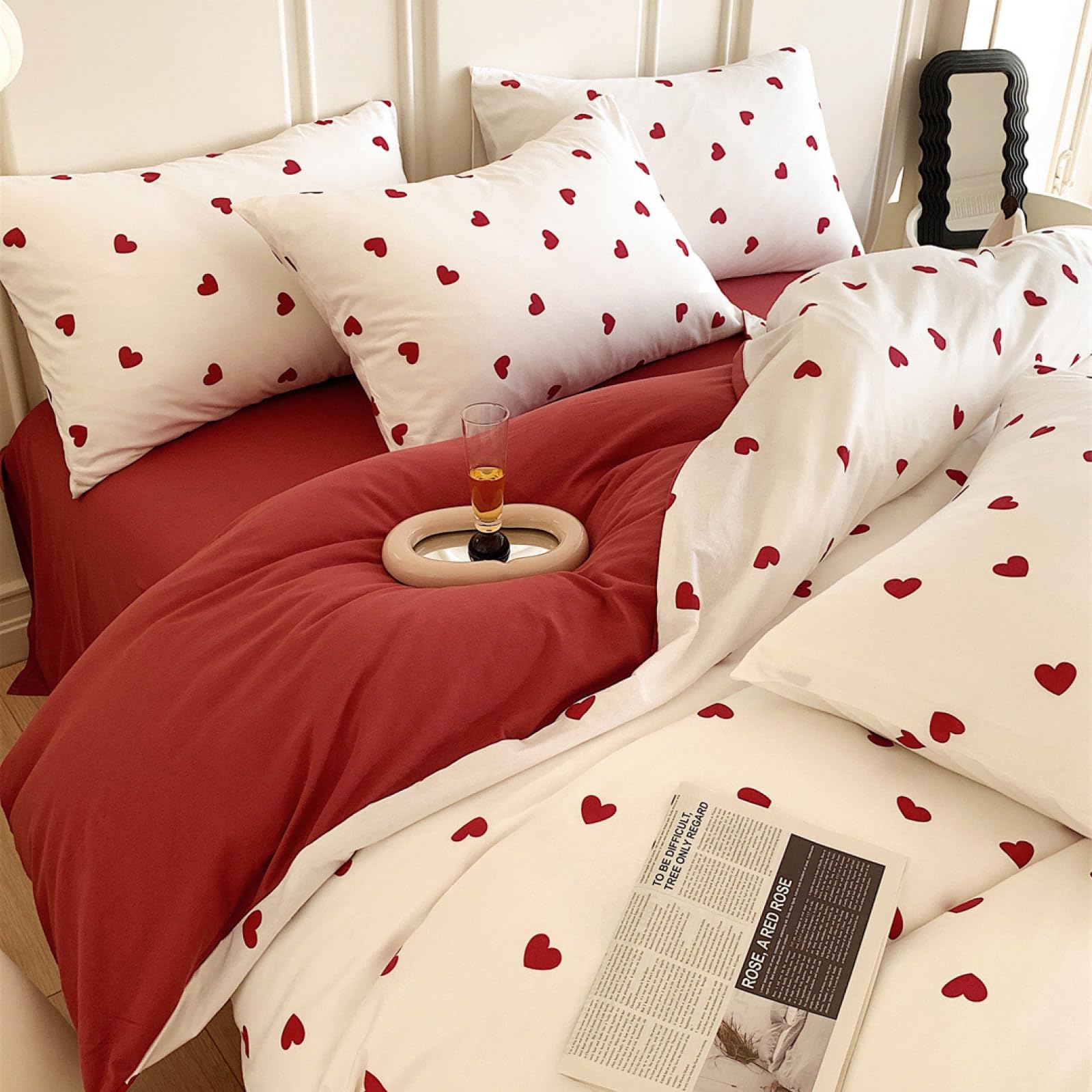Freyamy Herz Bettwäsche 135x200 4teilig Weiß Rot Herzen Bettwäsche Set | Aesthetic Bettwäsche Mädchen, Microfaser ÖKO-TEX Bettwäsche-Sets, 2 Bettbezug mit Reißverschluss und 2 Kissenbezug 80x80cm
