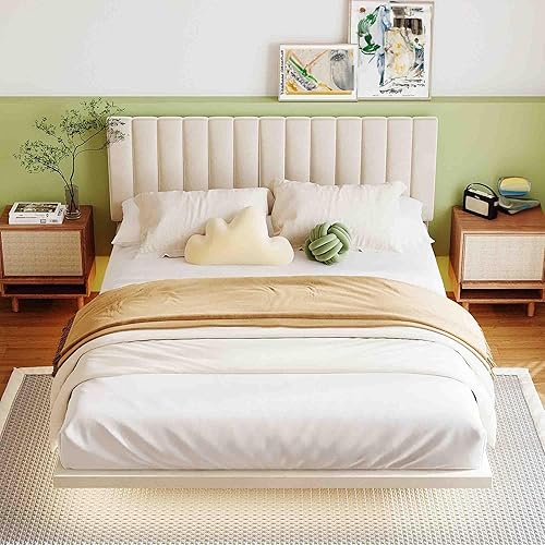 Miniatura 7 de Base de cama flotante Queen con luces LED / cabecero, base de cama moderna de tela de terciopelo, base de colchón, soporte de listones, no necesita