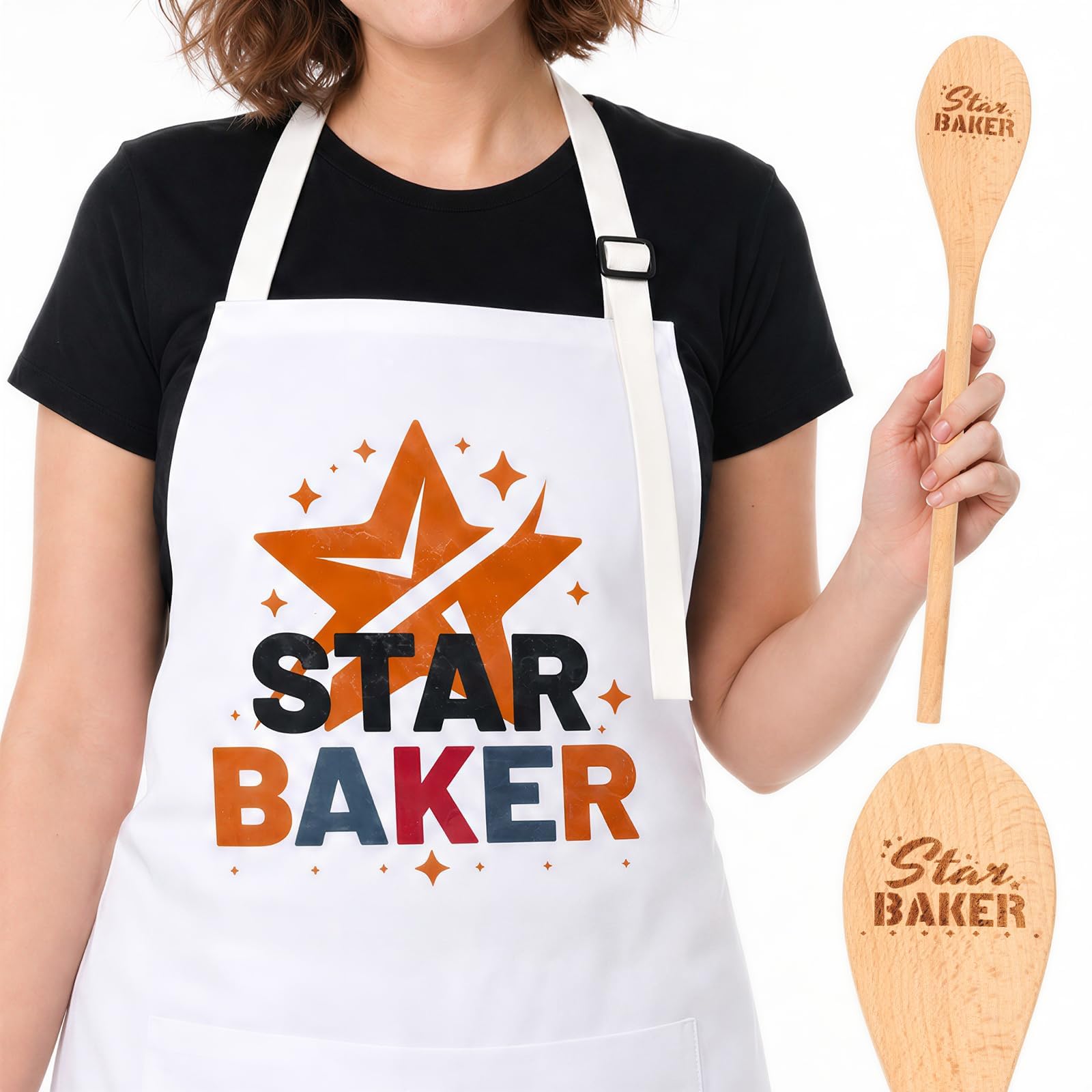Bafeil Personalised Star Baker Apron & 30cm Wooden Spoon Gift Set, White