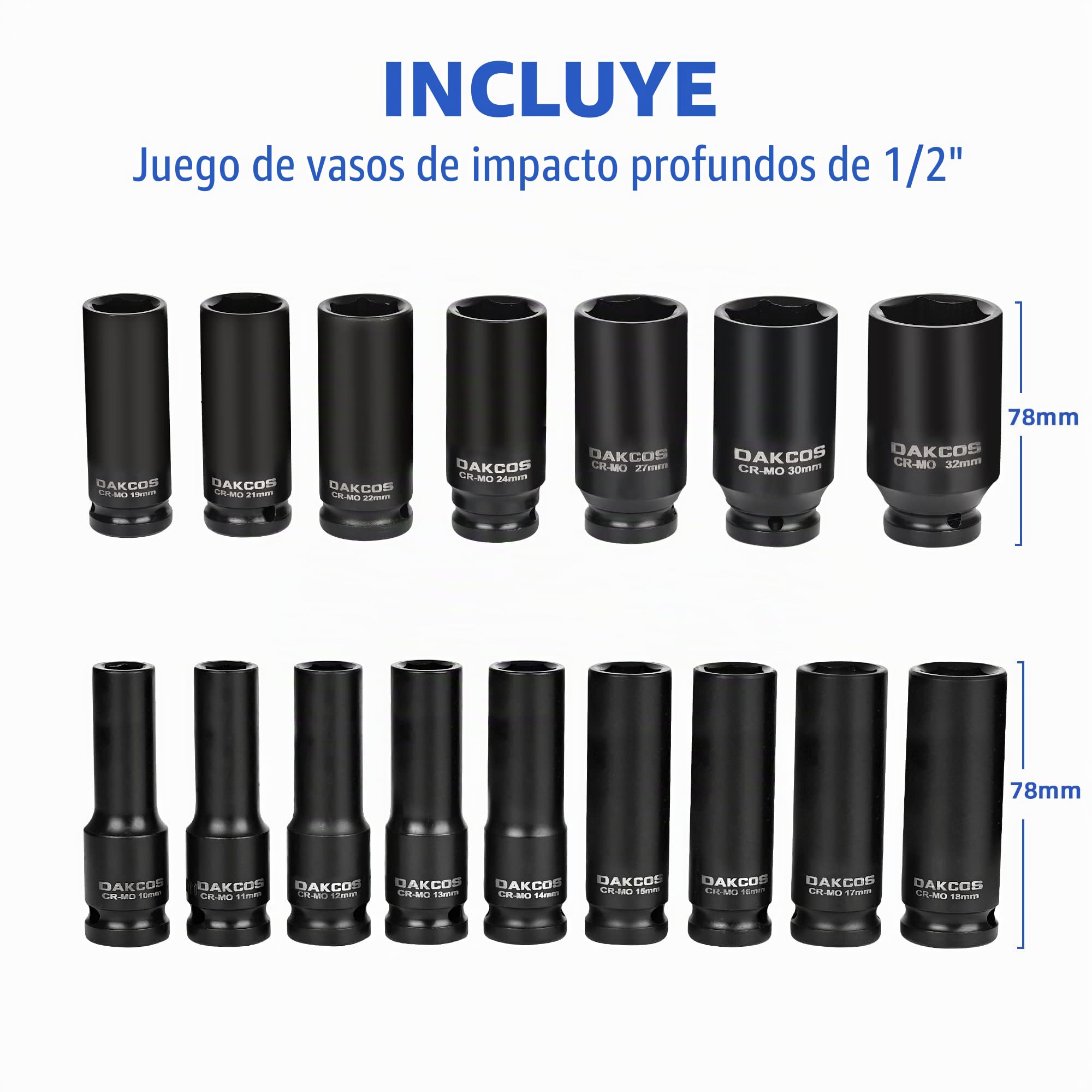 DAKCOS 1/2" Juego 16 Llaves Vaso Impacto 6 Caras, 10-32mm, Acero Cr-Mo | Llave de vaso Kraft, CR-MO