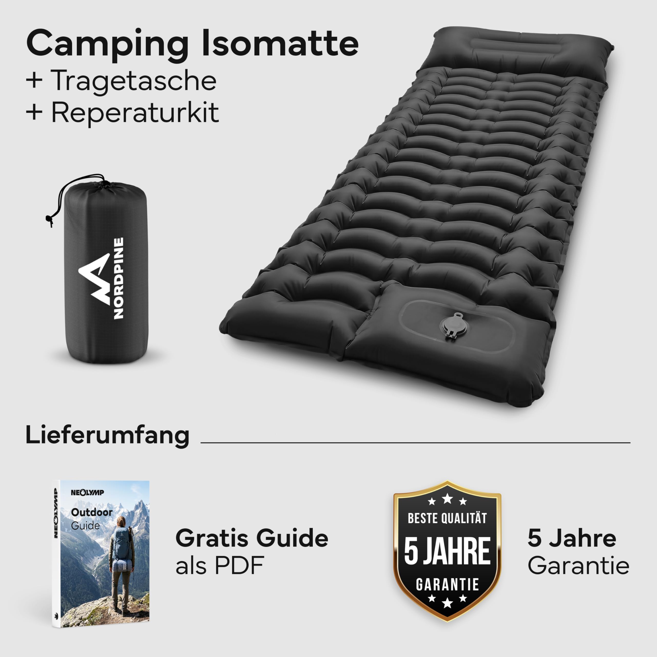 NEOLYMP NORDPINE Isomatte Camping - Integrierte Fußpumpe, Aufblasbar, 10 cm Dick - 200x70 cm, Ultraleicht 0,9 kg, Packmaß 25x12 cm - Aufblasbare Isomatte Luftmatratze Schlafmatte (Schwarz)