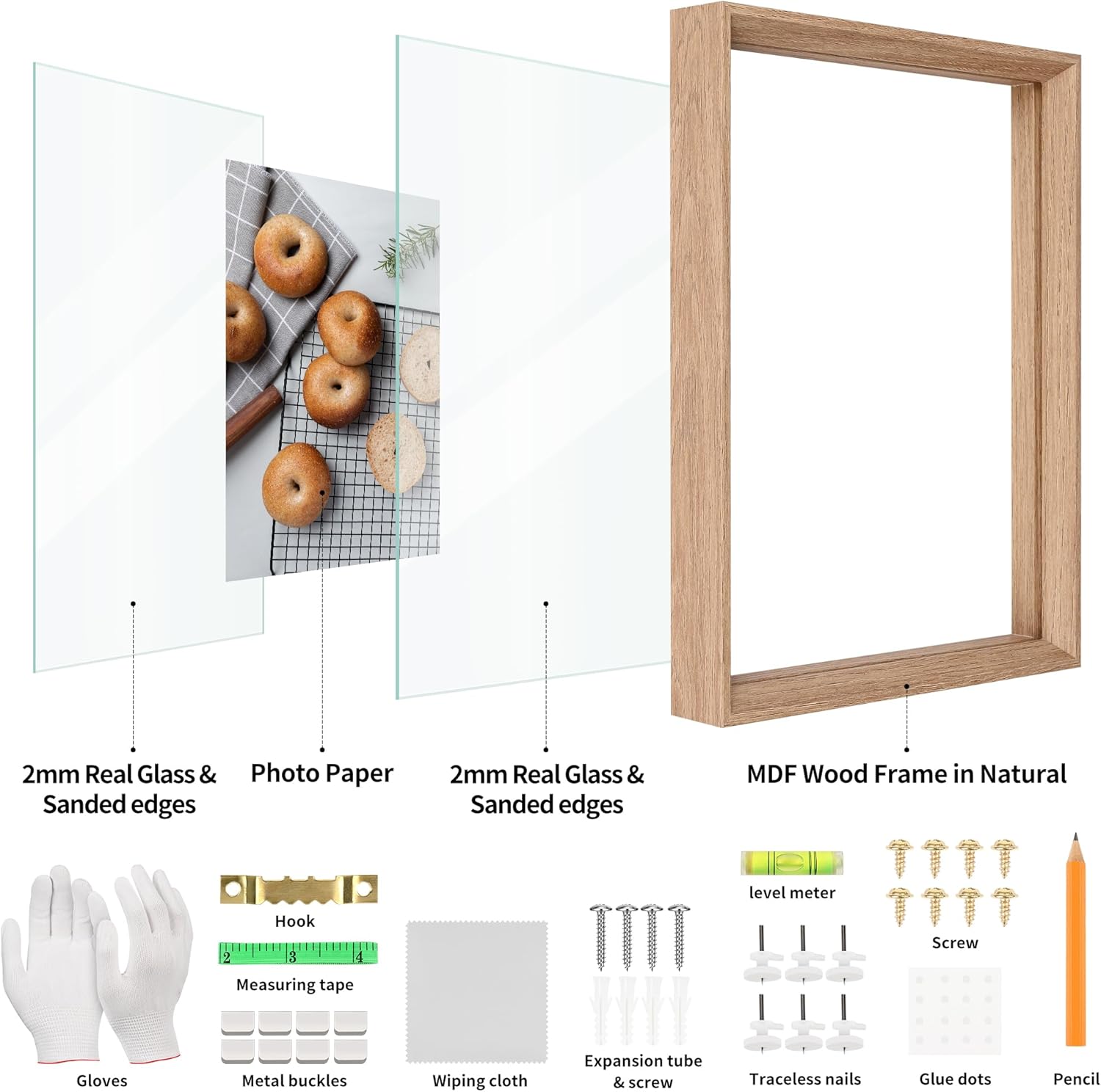 11x14 Floating Frames 2 Pack Wooden Photo Frame Double Sided Glass Picture Frame for Any Size Picture up to 11x14, Wall Mount or Tabletop Displays, Double-edged Frames, Natural