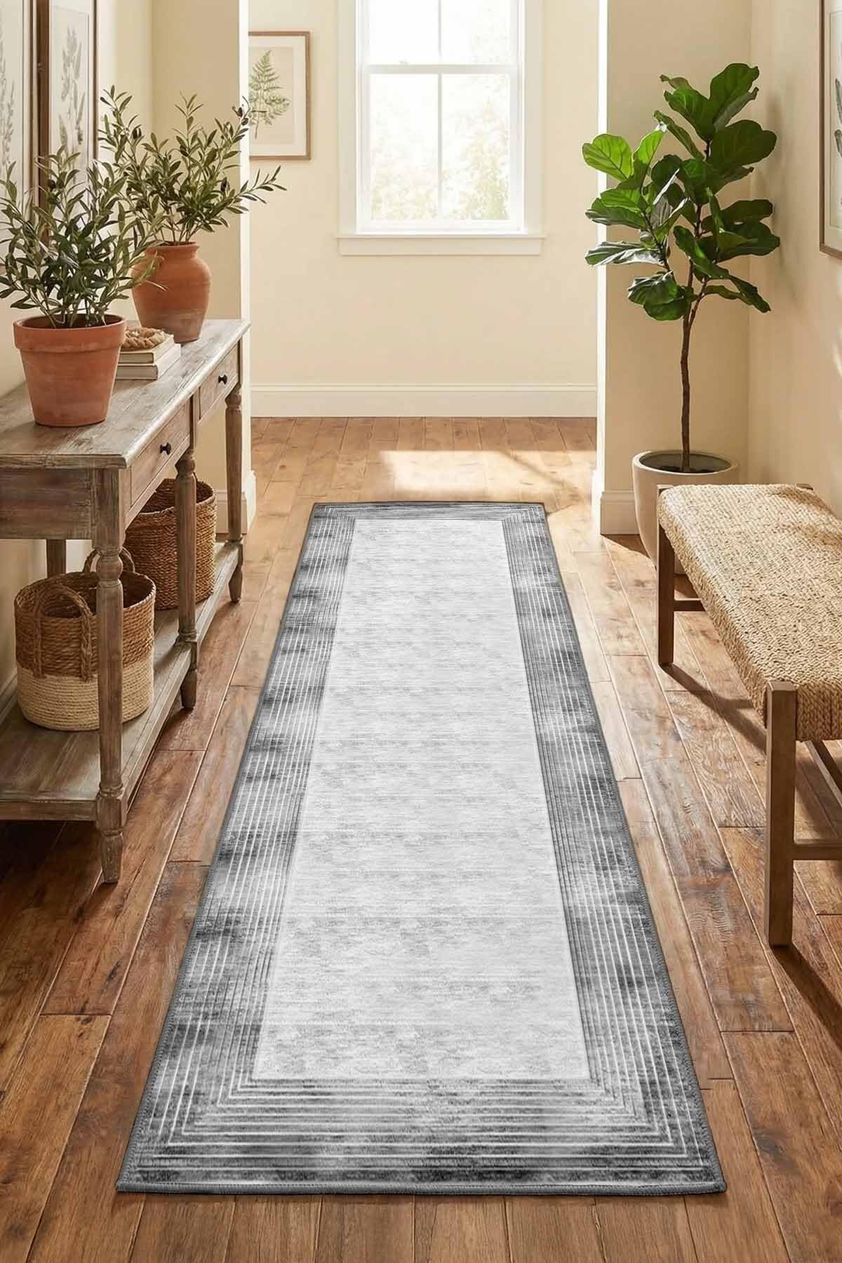 Monnhein Gri Yolluk 1364 - Yıkanabilir, Kaymaz Taban, Dijital Baskılı, Leke Tutmaz, İnce Hav, Modern Koridor, Mutfak, Antre ve Salon için Dekoratif Yolluk