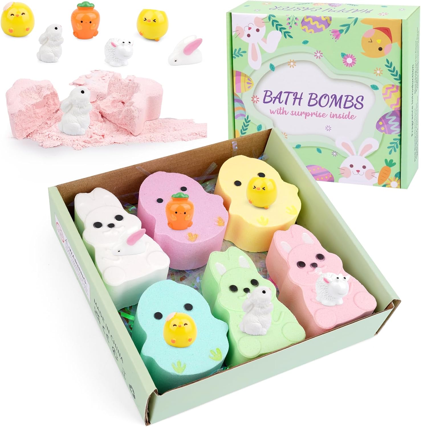 6 Pack Easter Bath Bombs,Bunny and Chicken Bath Salt with Surprise Inside,Easter Gifts for Party Favor Basket Stuffers