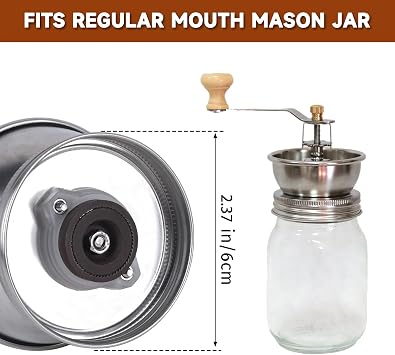 Mason Jar Coffee Grinder, Manual Coffee Grinder Lid Attachment for Regular Mouth Mason Jars, Stainless Steel Mason Jar Lid and Ceramic Burr, Ideal for Camping & Home Barista