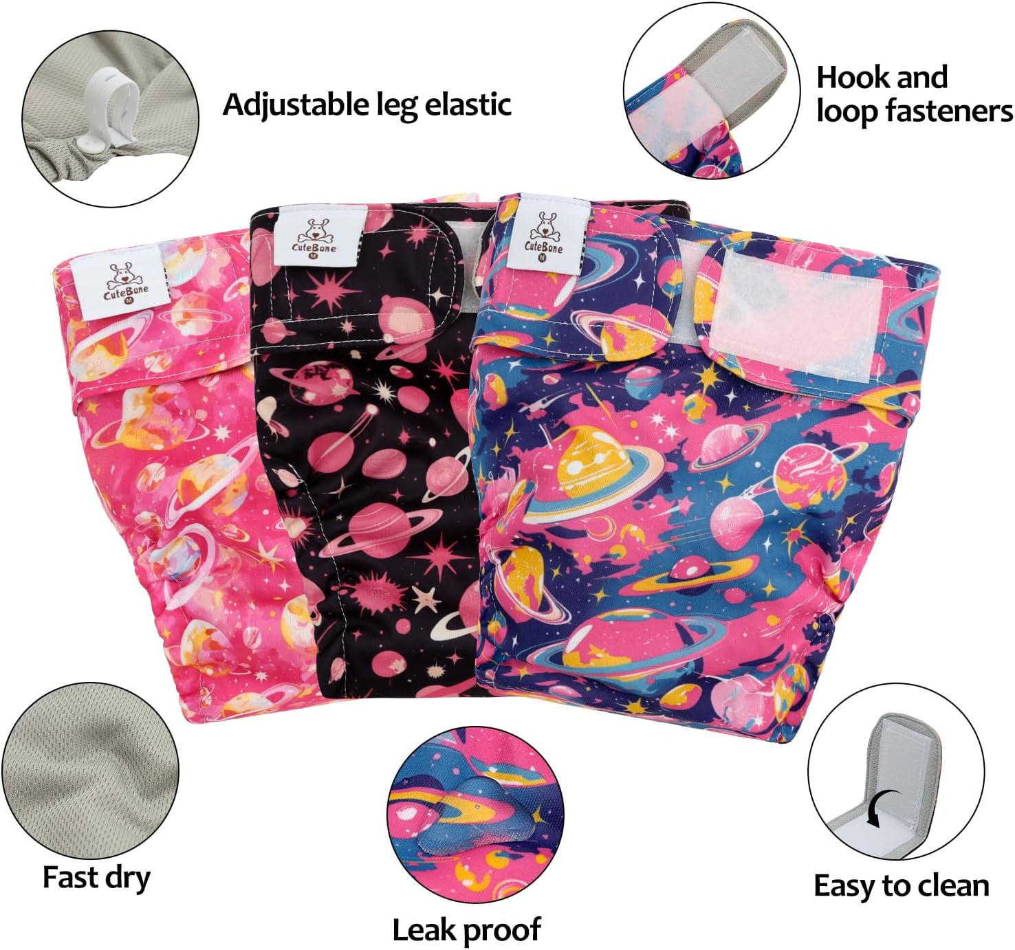 CuteBone Washable Dog Diapers Female No Tail Hole 3 Pack Reusable Doggie Period Training Pants for Docked-Tail Frenchie French Bulldog Boston Terrier Without Tail WWD34L
