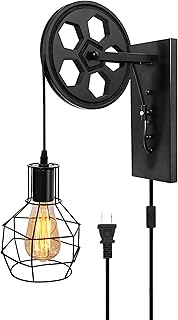 Rustic Plug in Wall Sconce – Industrial Farmhouse Wall Lamp with Black Iron Cage & Wooden Pulley for Bedroom, Living Room, Hallway, Restaurant, Barn, Stairway, Dimmable Wall Light Fixture