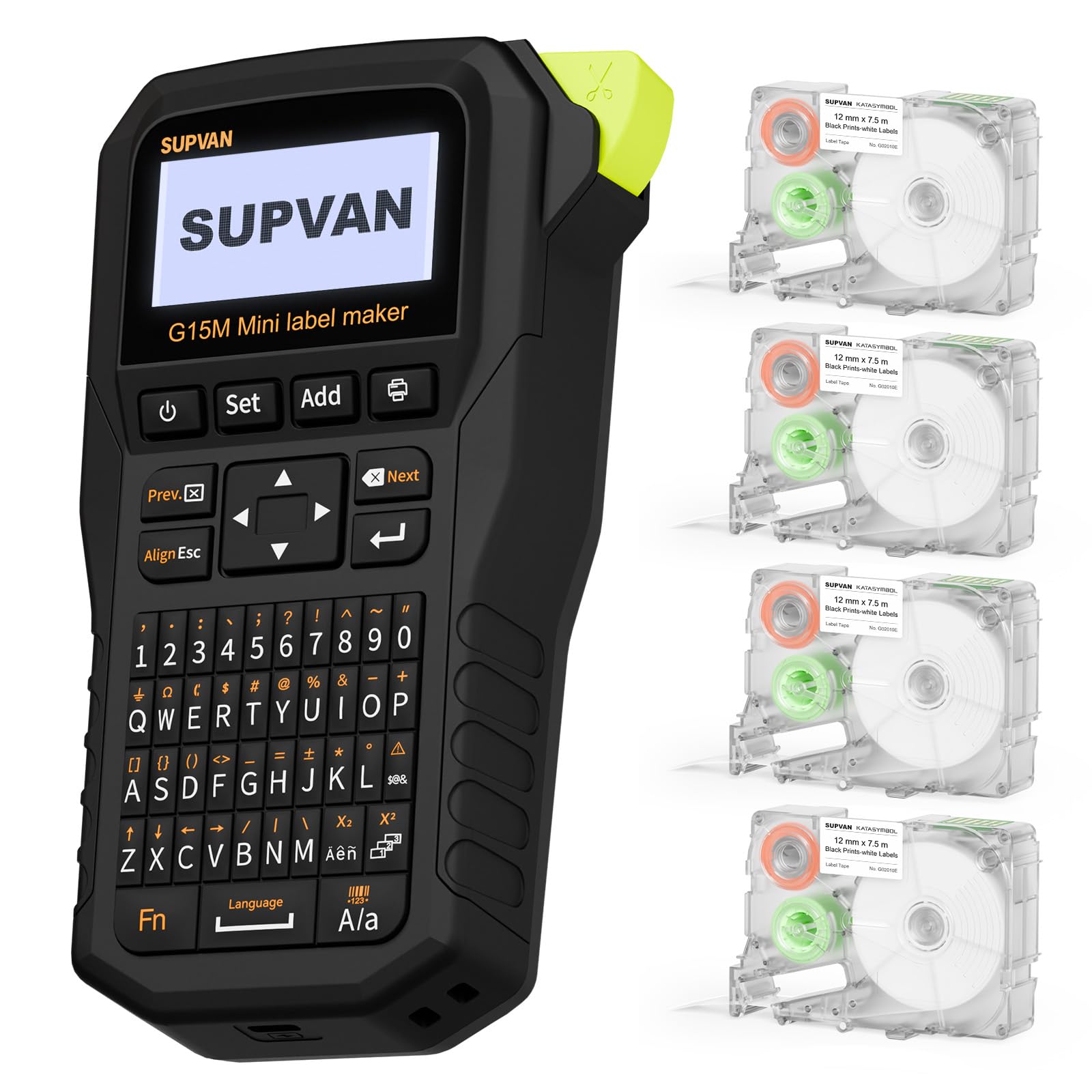 SUPVAN G15M Mini Etikettendrucker mit 4 Rollen,ideal für den Außenbereich | Thermotransferdruck,Kompatibel mit verschiedenen Etikettentypen, Bluetooth Verbindung, App und Tastatur, 5 mm Rand, aufladbar