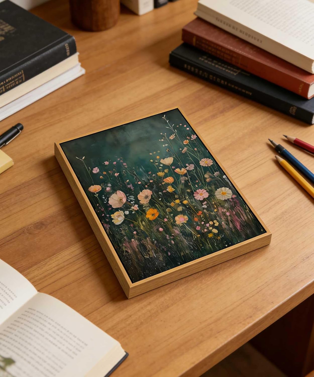 Framed Dark Moody Wildflower Wall Art Vintage Botanical Wildflower Field Floral Poster Print Nature Landscape Aesthetic Picture Wall Decor for Bedroom Living Room Home Decoration 12x16in