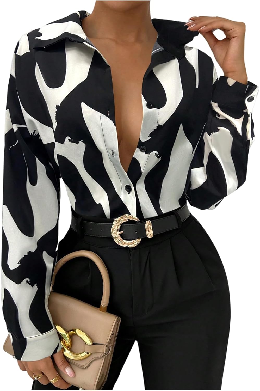 WDIRARA Women's Graphic Button Down Shirts Cow Printed Long Sleeve Collared Blouse Tops