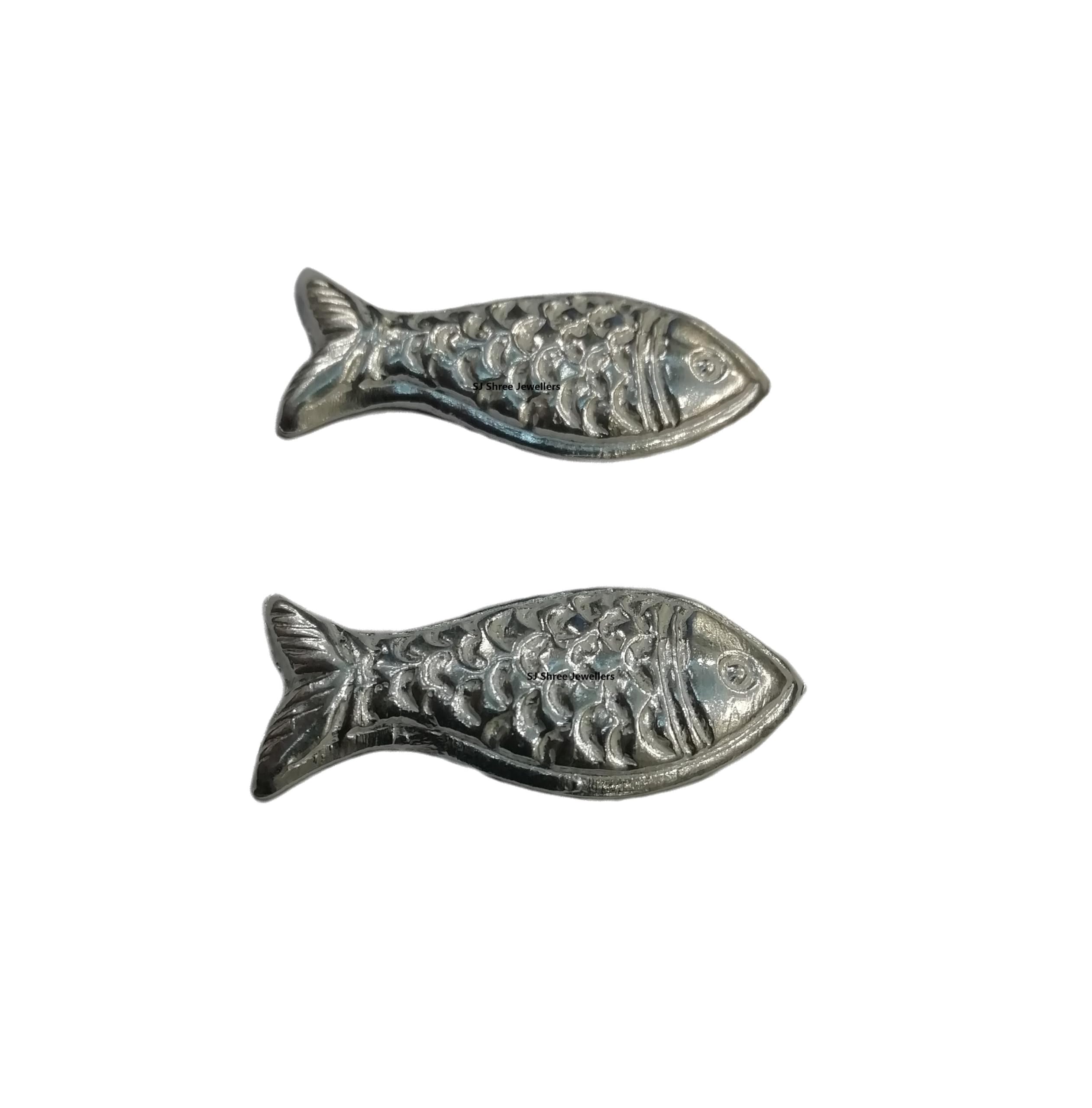 SJ Pure Silver Fish Idol Pair for Pooja/Temple Spiritual Workship, Wealth & Luck (2pcs), Size-3cm