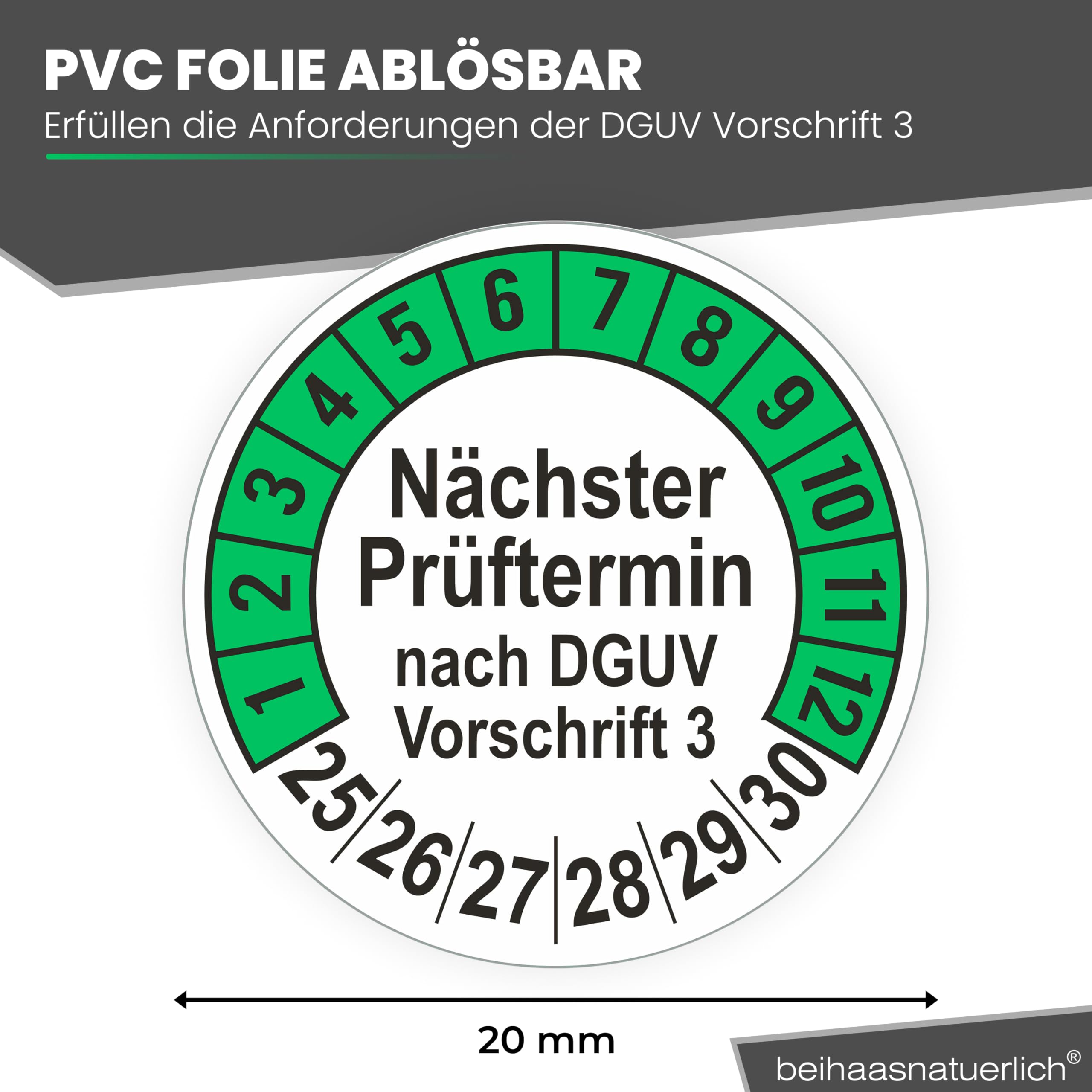 560 Stck Prüfplaketten "Nächster Prüftermin", 20 mm Ø, Prüfetiketten nach DGUV V3, 2025-2030, Prüfaufkleber, E-Check Prüfetikett, Plakette für Elektrogeräte (Grün, 5 Bogen)