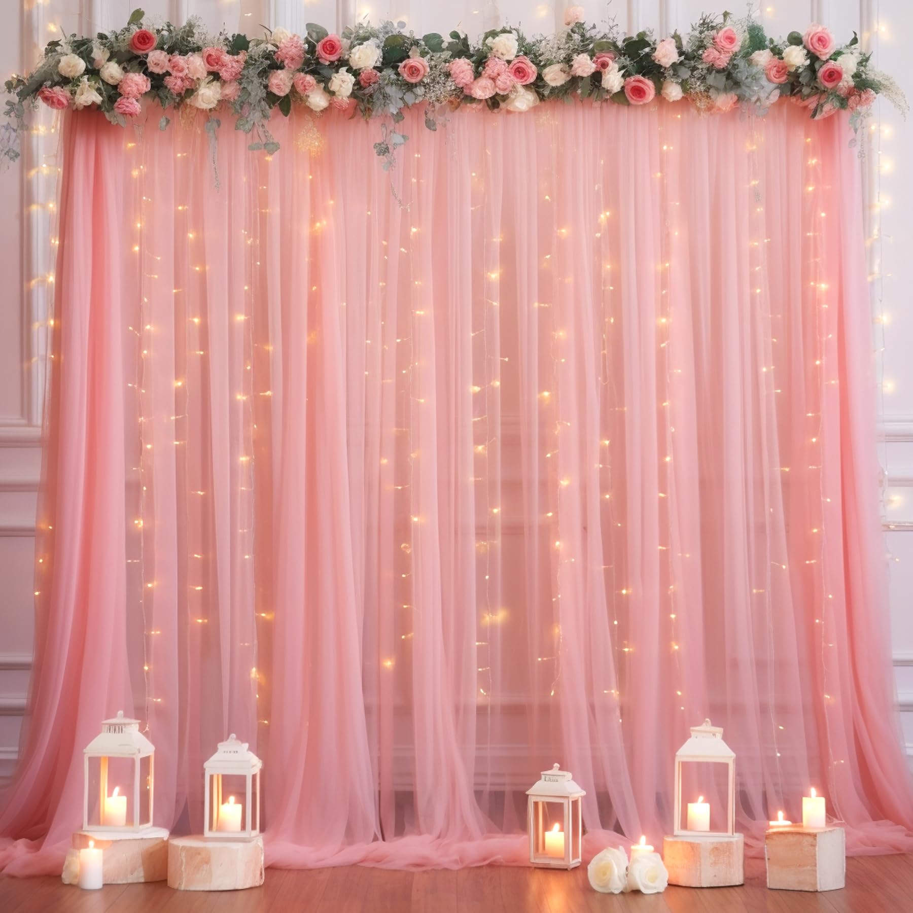 10x10ft Dusty Rose Tulle Backdrop Curtain with Lights String for Parites, Sheer Photo Backdrop Curtains with Lights for Wedding Backdrop Ceremony