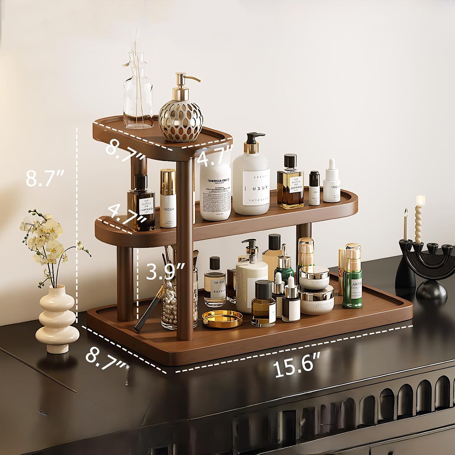 GDQ Wooden Display Organizer Stand,Perfume Organizer, Brown Pine Wood Vanity Organizer Display Storage for Cosmetics, Perfume, Plants, Tea Set, Open Design for Entryway/Living Room/Bathroom/Bedroom