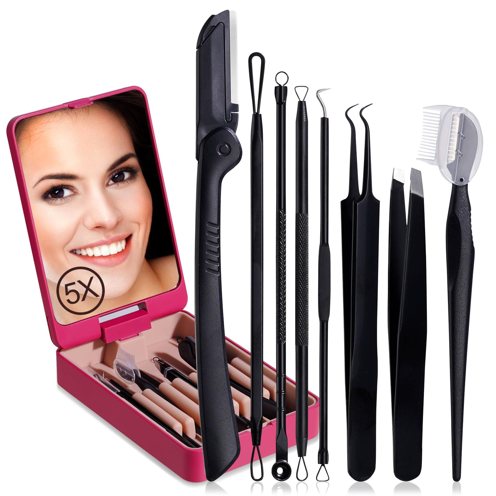 JPNK Blackhead Remover Tool Comedones Extractor Acne Removal kit &amp; Eyebrow Trimmer Kit, 8PCS in One with 5X Magnifying Mirror (Black)