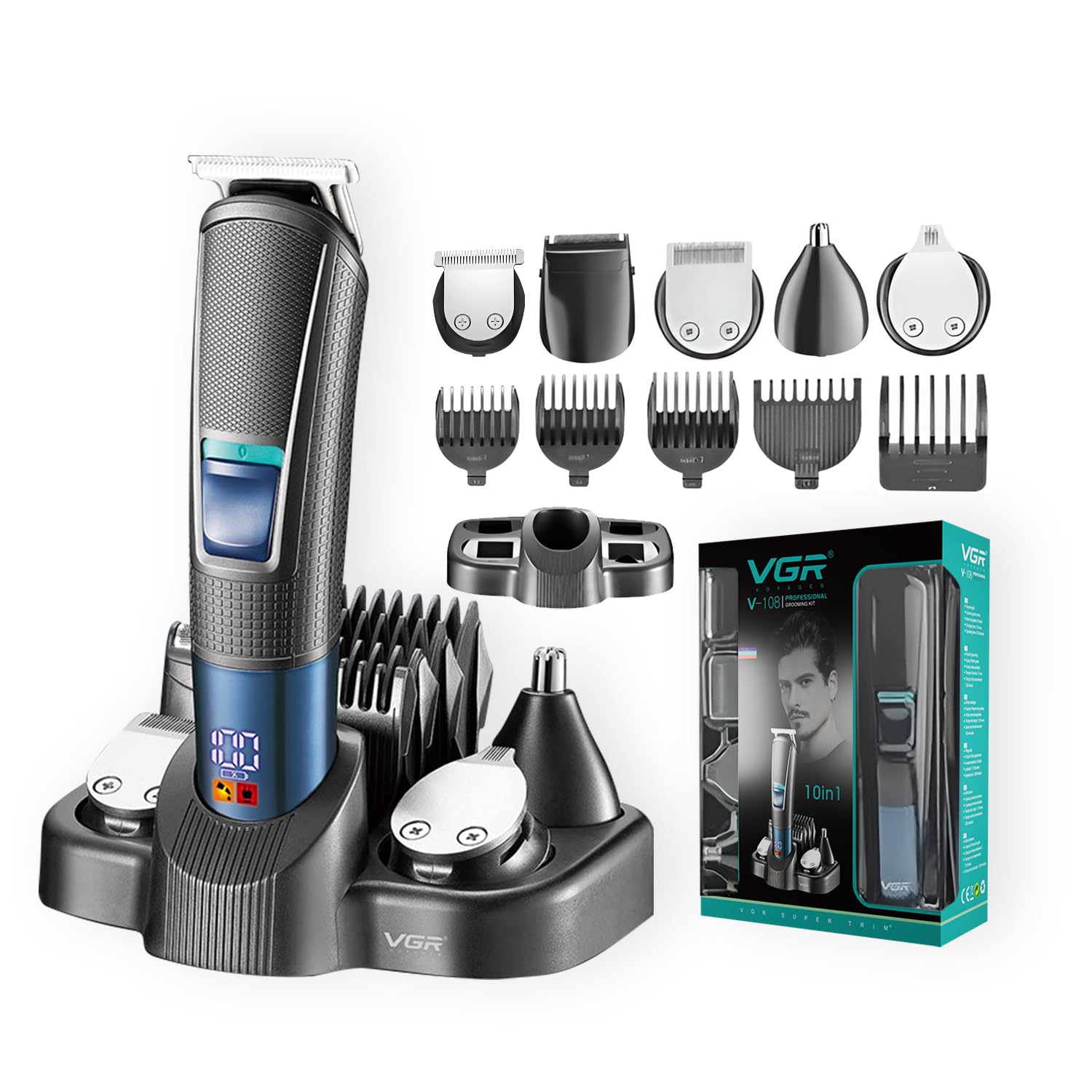 VGR V-108 Professional 10-in-1 Grooming Kit with LED Display, All-in-one Trimmer for Men, Suitable for Face, head, Nose, Ear & Body Grooming, 120 min Runtime, 2 Year Warranty (Black, Blue)-image-30