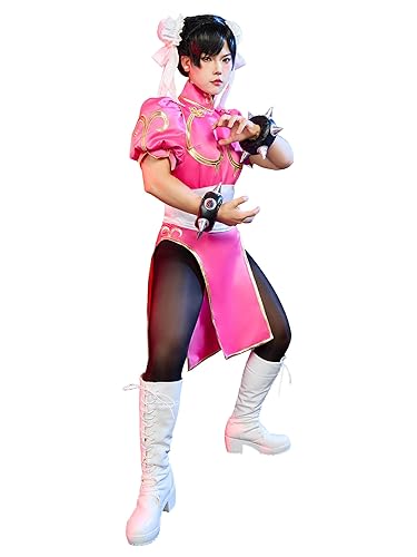 Micotaku Street Fighter Officially Licensed Women's Deluxe Classic Chun Li Pink Cosplay Costume Golden Embroidery - Pink - X-Large
