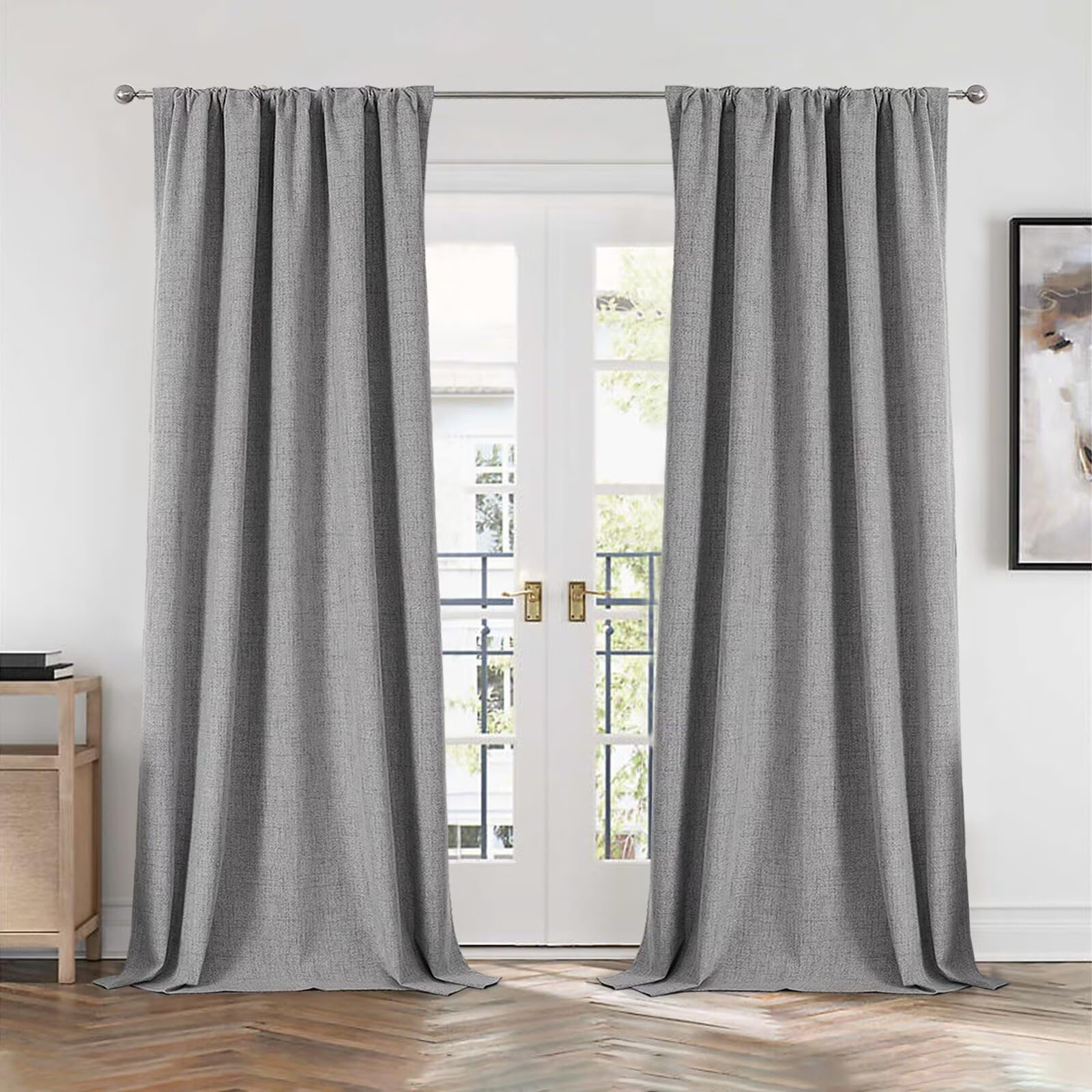 CUCRAF Linen 100% Blackout Curtains 84 Inch, Light Grey