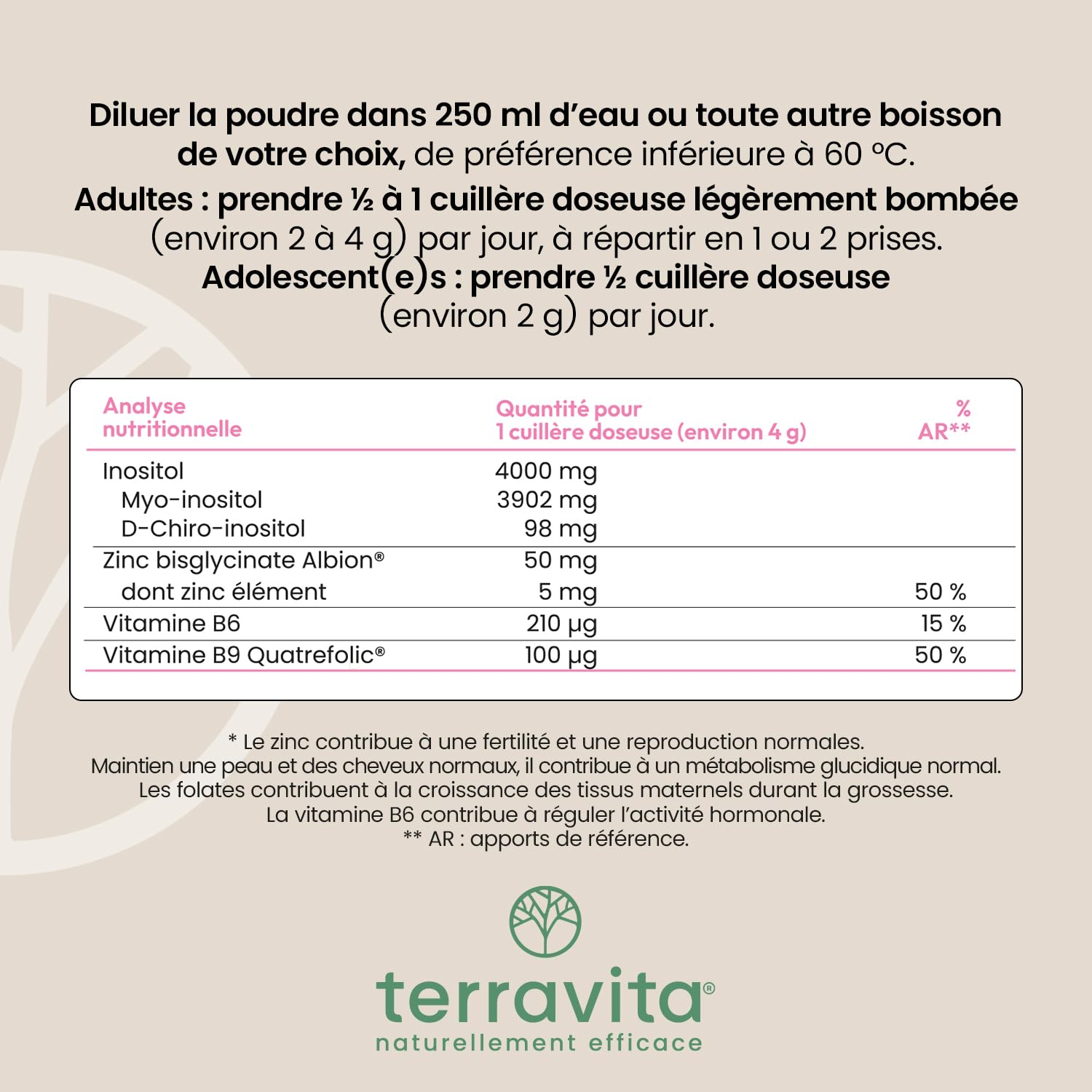 Myo-Inositol + D-Chiro-Inositol | Avec Zinc Bisglycinate, B6 et Acide Folique B9 Quatrefolic® | SOPK, Soutien Hormonal et Métabolique | Ratio Optimal 40:1 | 120 Grammes Poudre Goût Neutre | Terravita