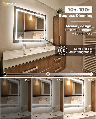 Miniatura 5 de Ensenior Espejo de baño LED de 40 x 32 pulgadas con luz delantera y trasera, espejos de pared regulables sin pasos con antiniebla, a prueba de
