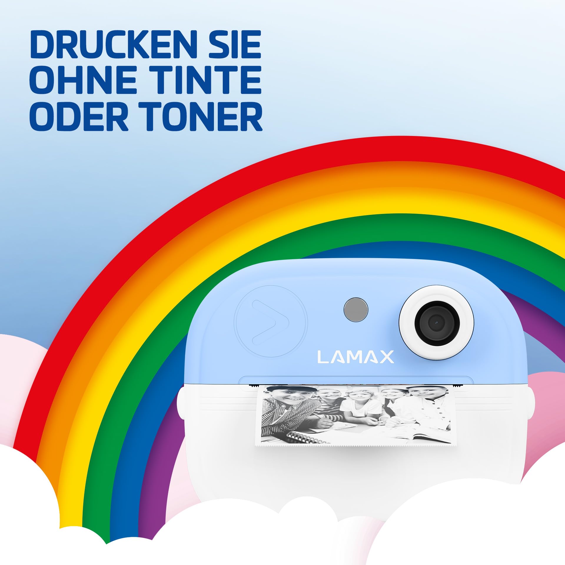 LAMAX InstaKid2 Play Blue Kinderkamera Digitalkamera mit Thermodruck ohne Tinte USB-C 2 Rolle Thermopapier