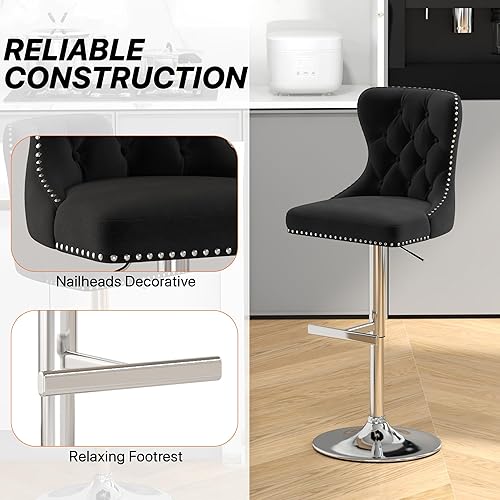 Miniatura 5 de Juego de 2 taburetes de bar, taburetes giratorios de terciopelo con respaldo copetudo, asiento ajustable con ribete de cabezas de clavos, sillas de