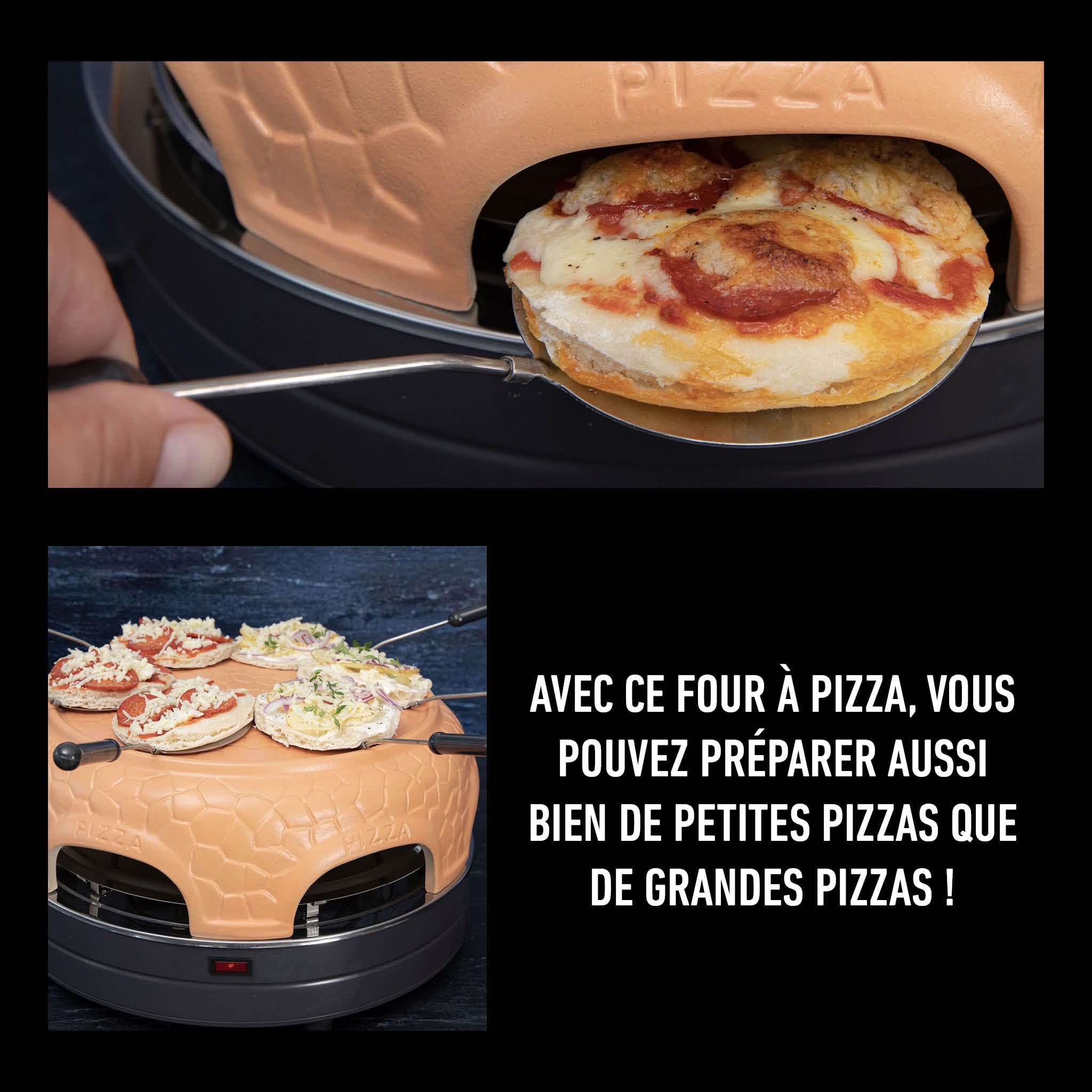 Gastronoma Four à pizza - Four à pizza avec dôme en terre cuite pour 6 personnes - Dôme à pizza - 1000 Watt - Préparation en 5-7 minutes - avec accessoires - Dôme plat