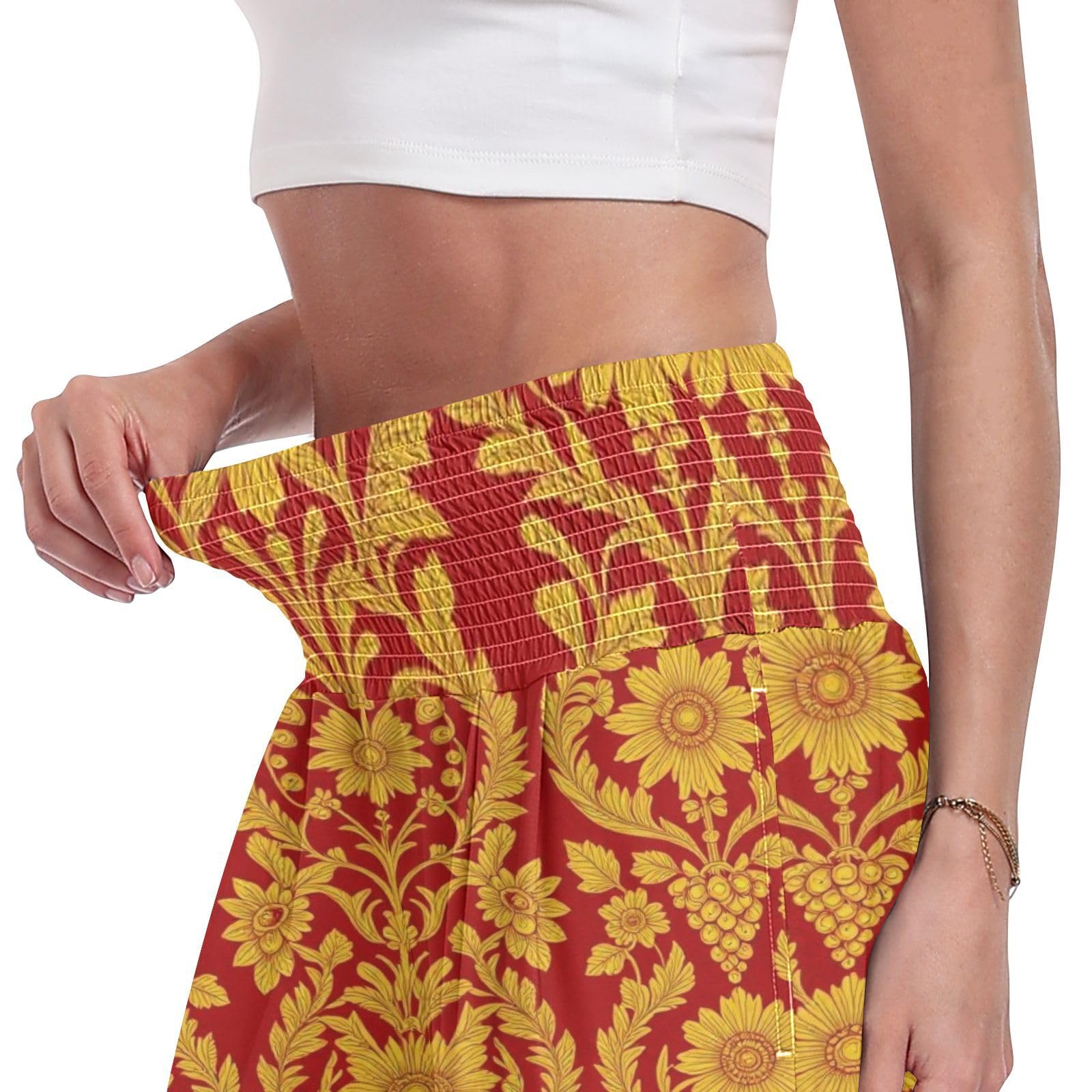 Pantaloni da donna palazzos damascati rossi a vita alta, vestibilità ampia, pantaloni estivi