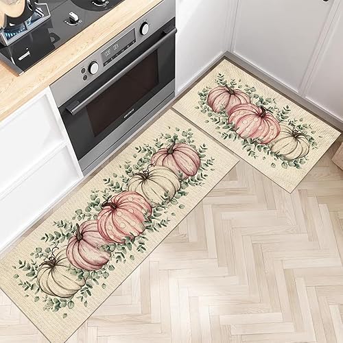 Alfombrillas de cocina antifatiga para piso, 2 unidades, alfombras de cocina de calabaza rosa y blanca, alfombra de granja suave antideslizante para