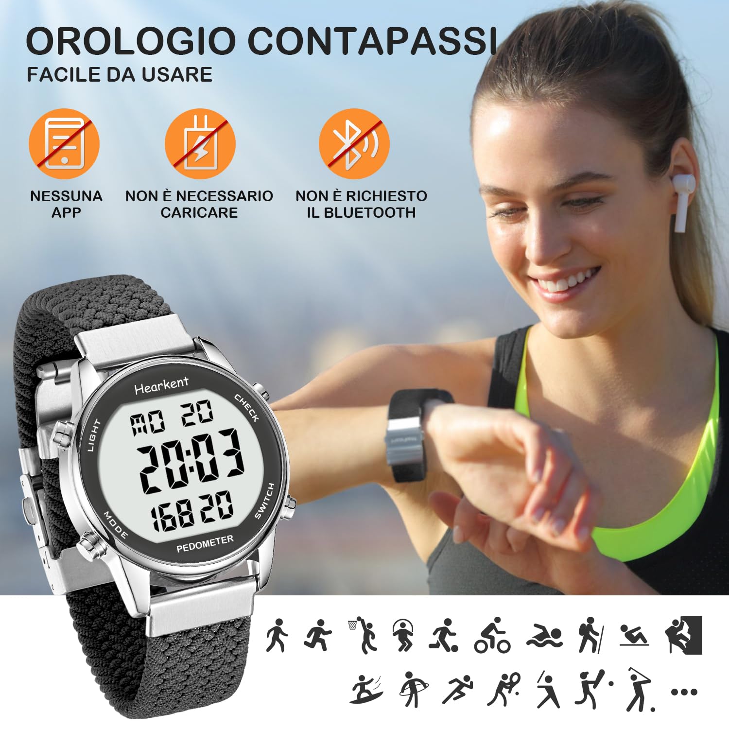 Hearkent Orologio contapassi pedometro da donna, goderti passi, chilometraggio, calorie, conto alla rovescia, sveglia e altre funzioni. Nessuna app, ricarica richiesta o bluetooth, 2401