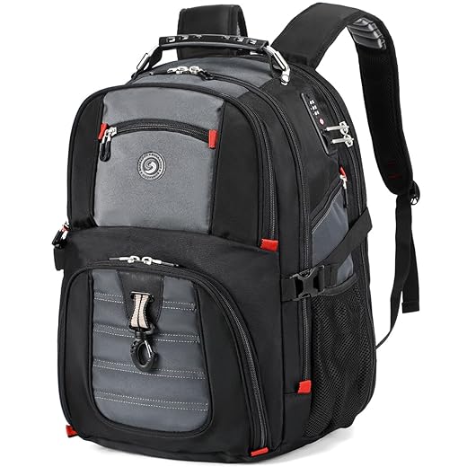 SHRRADOO Extra Large 50L Travel Laptop Backpack with combination lock, College Backpack Airline Approved Business Work Bag Fit 17 Inch Laptops for Men Women,Grey