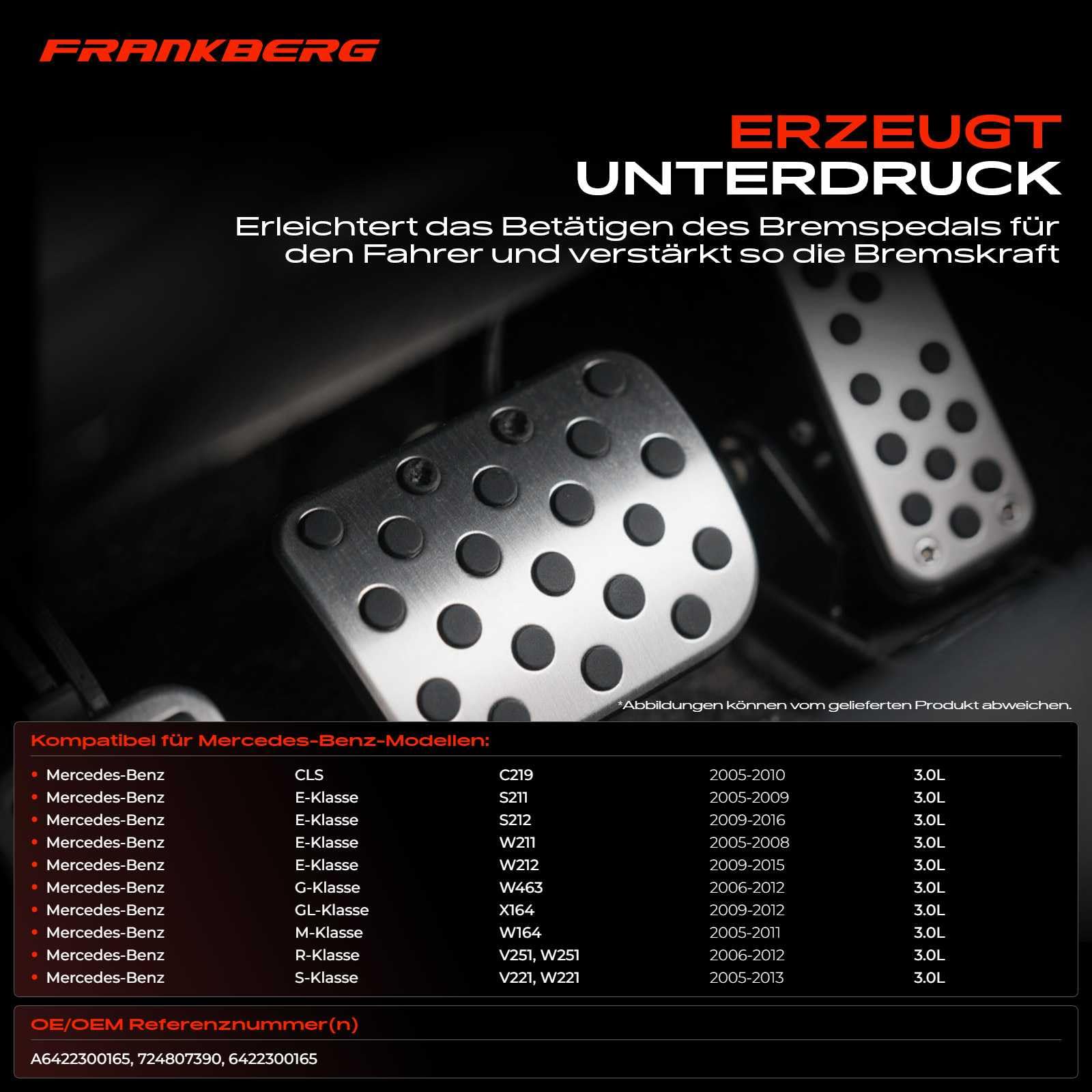 Frankberg Unterdruckpumpe für CLS C219 E-Klasse S211 S212 W211 W212 M-Klasse W164 S-Klasse W221 R-Klasse W251 V251 G-Klasse W463 X164 2005-2010 724807390