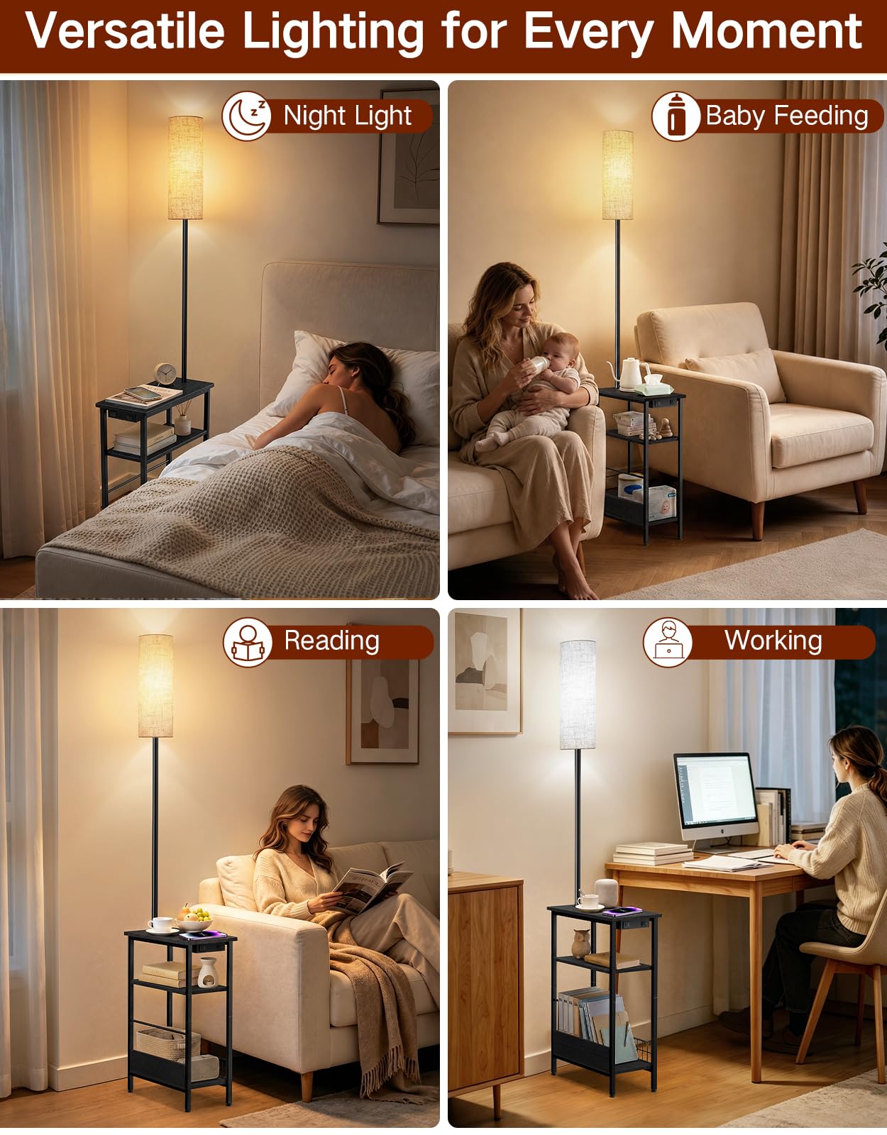 Lámpara de Pie con Mesa y Puertos USB-A/USB-C | Mando a Distancia, 3 Temperaturas de Color, Regulación Continua y Diseño Estrecho para Dormitorio y Salón