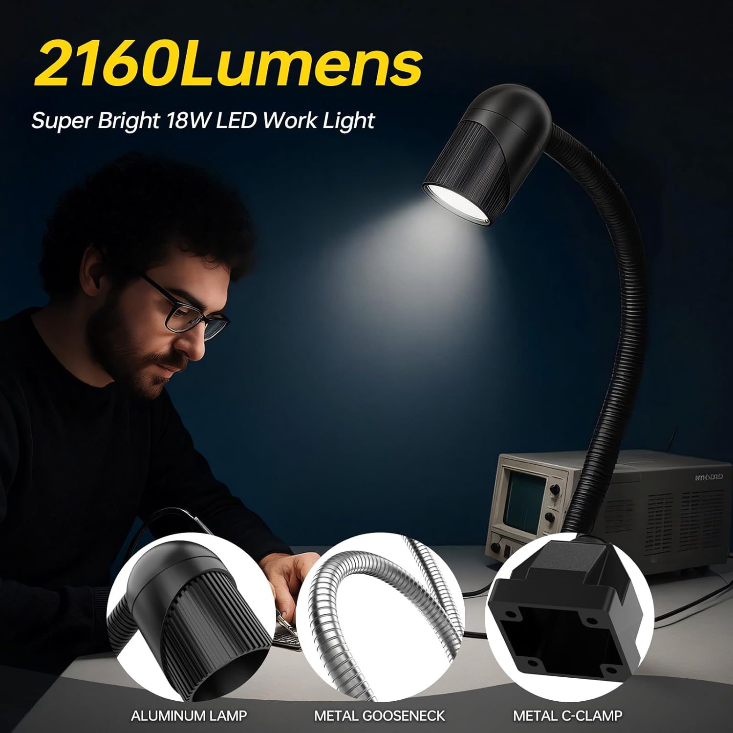 New Machine Work Light, 18W Lathe Machine Light, 2160 Lumens Flexible Work Light for CNC Milling Machine Drill Press Lighting (Fixed Base