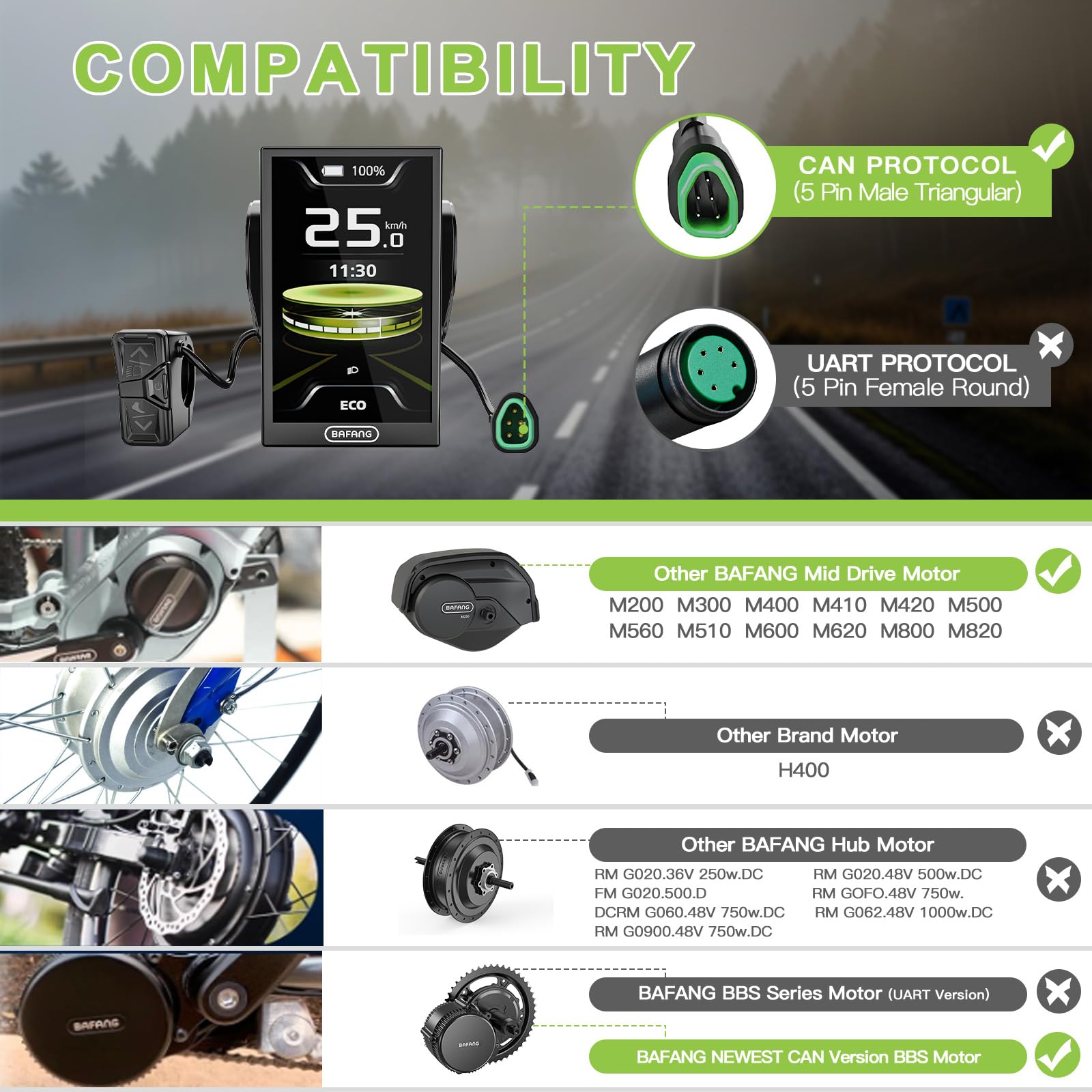 Pantalla BAFANG DPC010 : Compatible con motores centrales M200 M400 M500 M600 M620 y con las versiones más recientes de los kits de motor BBS01B, BBS02B y BBS-HD con protocolo CAN (conector triangular