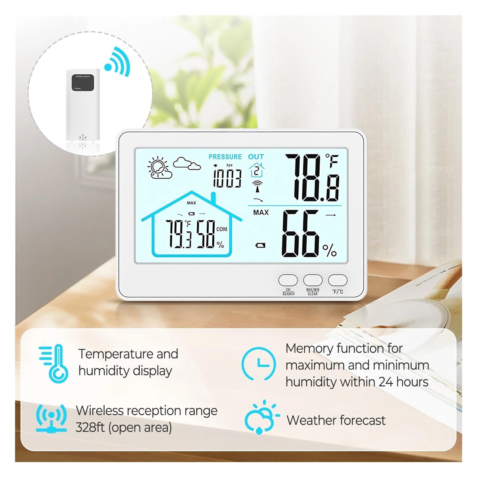 Termohigrometr Bezprzewodowy Miernik Temperatury Zewnętrznej I Wilgotności W Pomieszczeniach Wodoodporny Elektroniczny Termometr Cyfrowy Higrometr Prognoza Stacji Pogodowej(White)