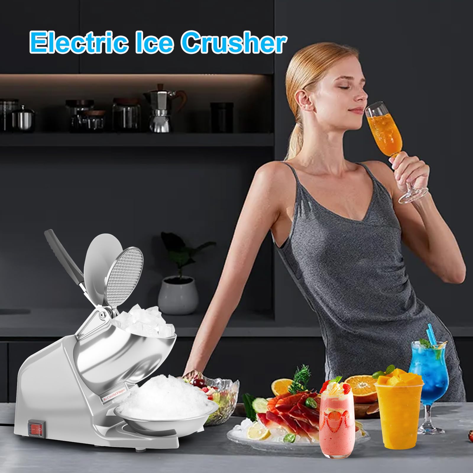 Trituradora de hielo eléctrica de doble cuchillas de 143 libras/hora, trituradora de hielo de 300 W, máquina de afeitar de hielo de 2200 RPM con cuchilla adicional y picador de hielo para uso 3