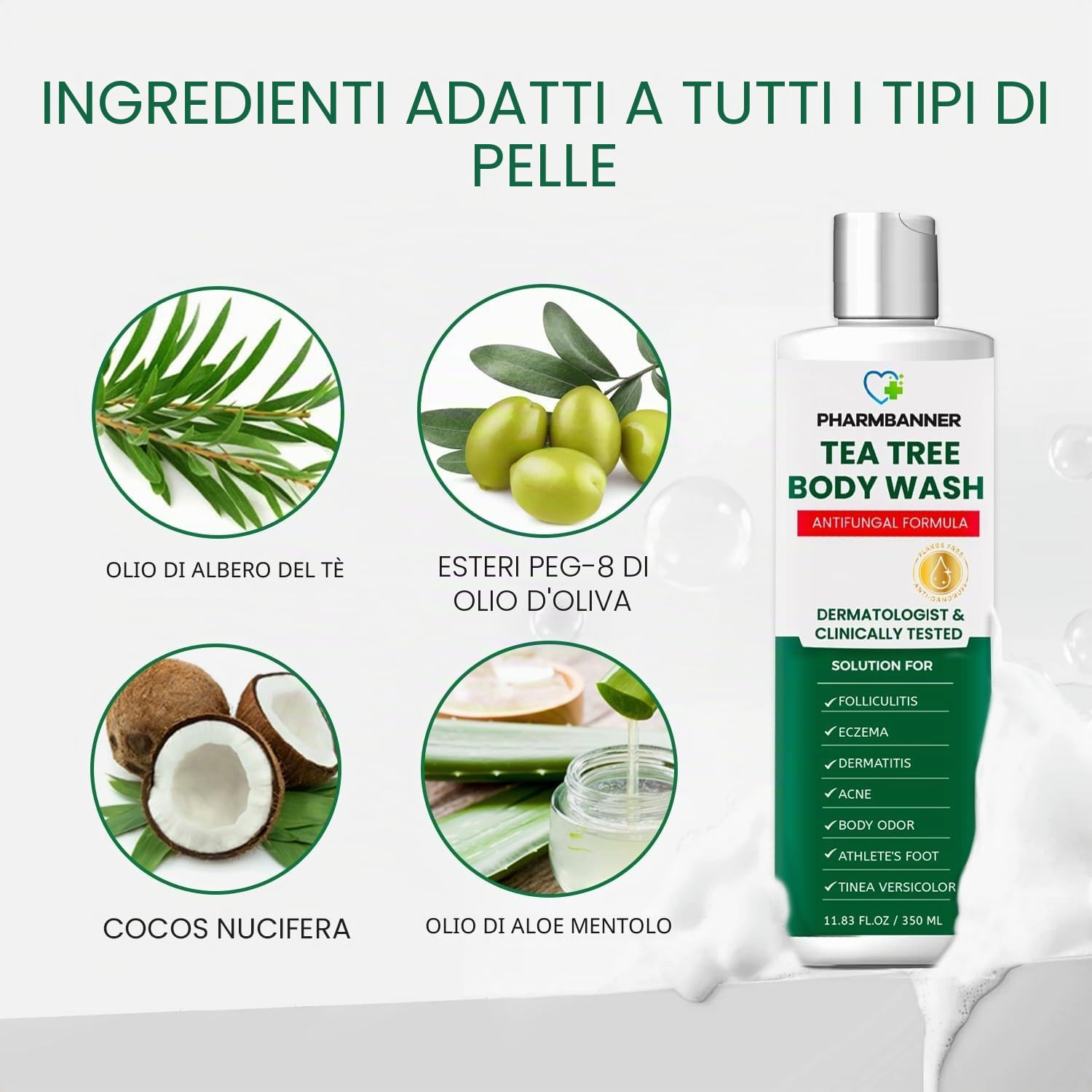 Tea Tree Body Wash, Gel Doccia Rinfrescante con Aloe, Olio di Cocco e Olio di Oliva, Uomo e Donna