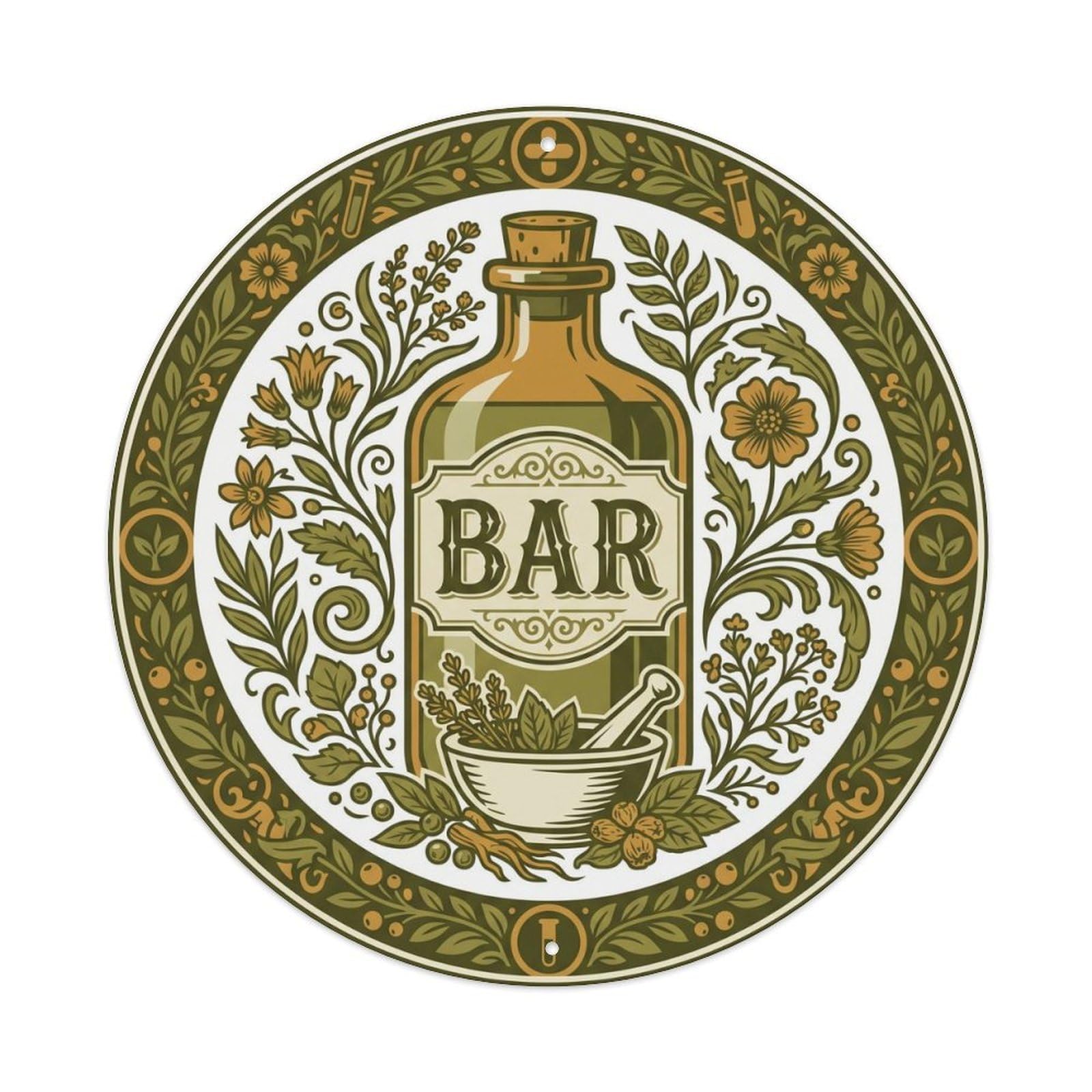 BAR Vintage Apothecary Ornament Metal Tin Sign Plaque Wall Decor for Cafe, Club, Garden Round Metal Poster 8x8Inch